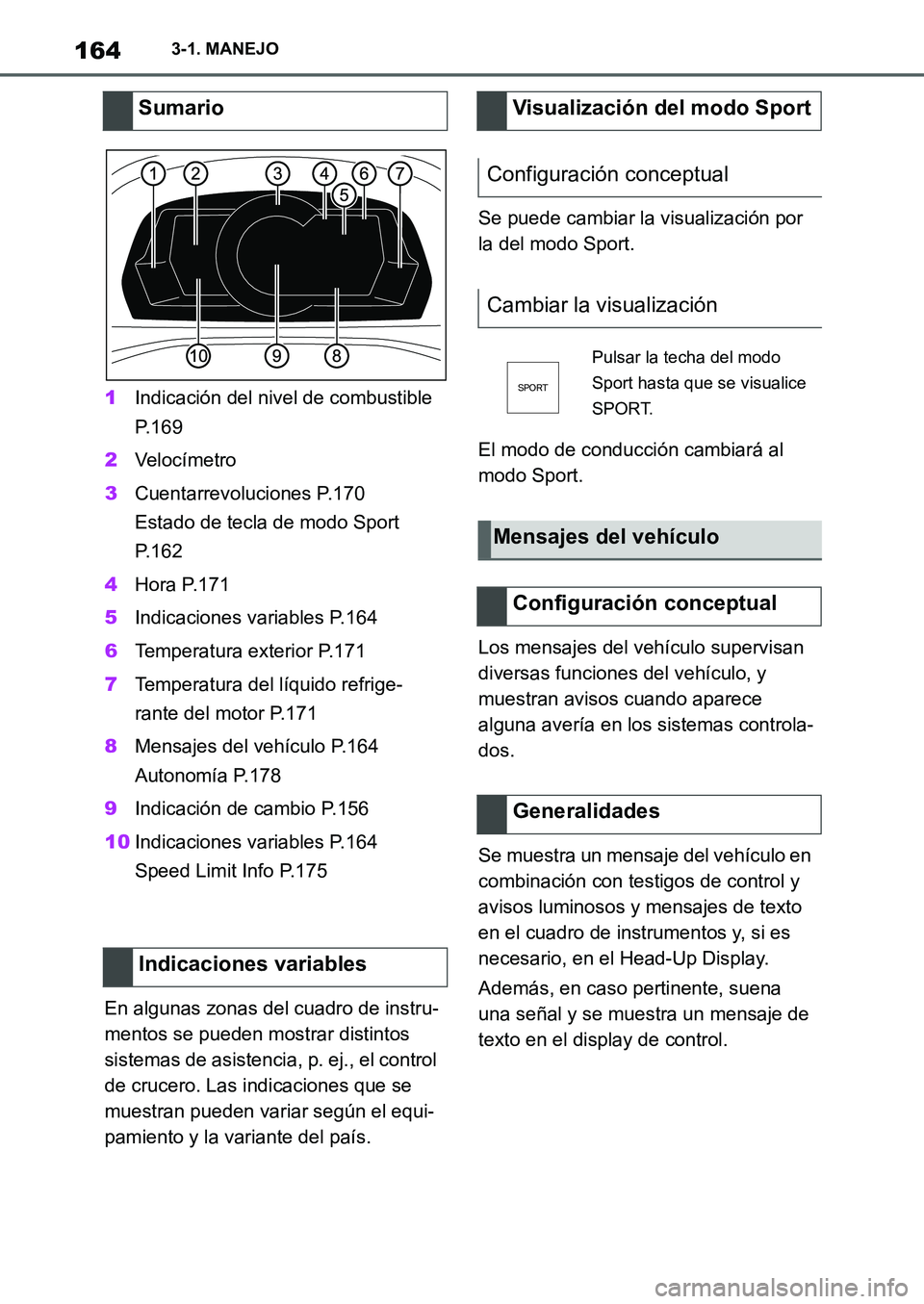 TOYOTA SUPRA 2022  Manuale de Empleo (in Spanish) 1643-1. MANEJO
1Indicación del nivel de combustible 
P.169
2Ve l o c í m e t r o
3Cuentarrevoluciones P.170
Estado de tecla de modo Sport 
P.162
4Hora P.171
5Indicaciones variables P.164
6Temperatur