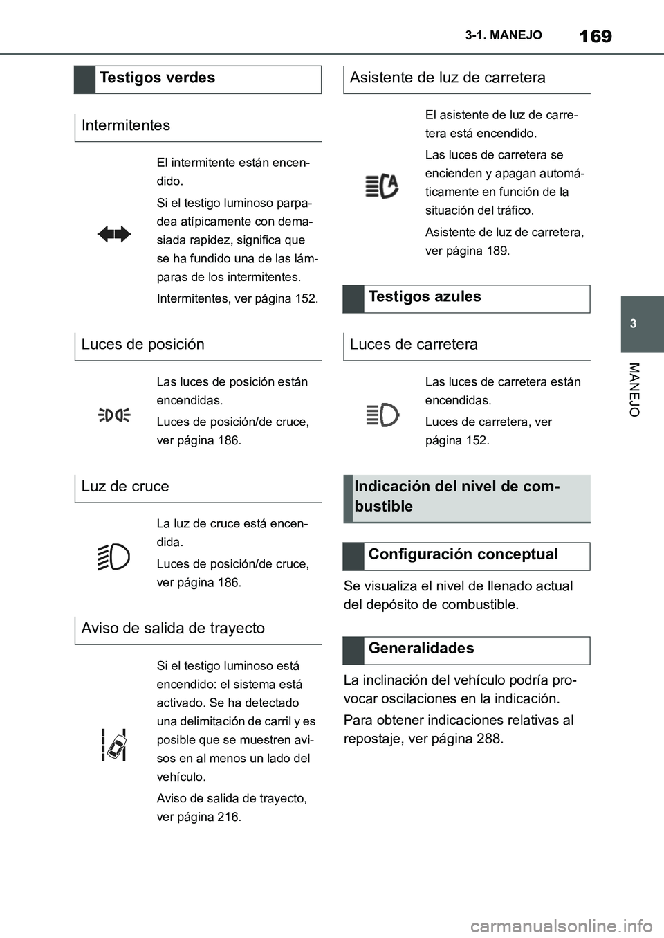 TOYOTA SUPRA 2022 Manuale de Empleo (in Spanish) 169
3 3-1. MANEJO
MANEJO
Se visualiza el nivel de llenado actual
del depósito de combustible.
La inclinación del vehículo podría pro-
vocar oscilaciones en la indicación.
Para obtener indicacion TOYOTA SUPRA 2022 Manuale de Empleo (in Spanish) 169
3 3-1. MANEJO
MANEJO
Se visualiza el nivel de llenado actual
del depósito de combustible.
La inclinación del vehículo podría pro-
vocar oscilaciones en la indicación.
Para obtener indicacion