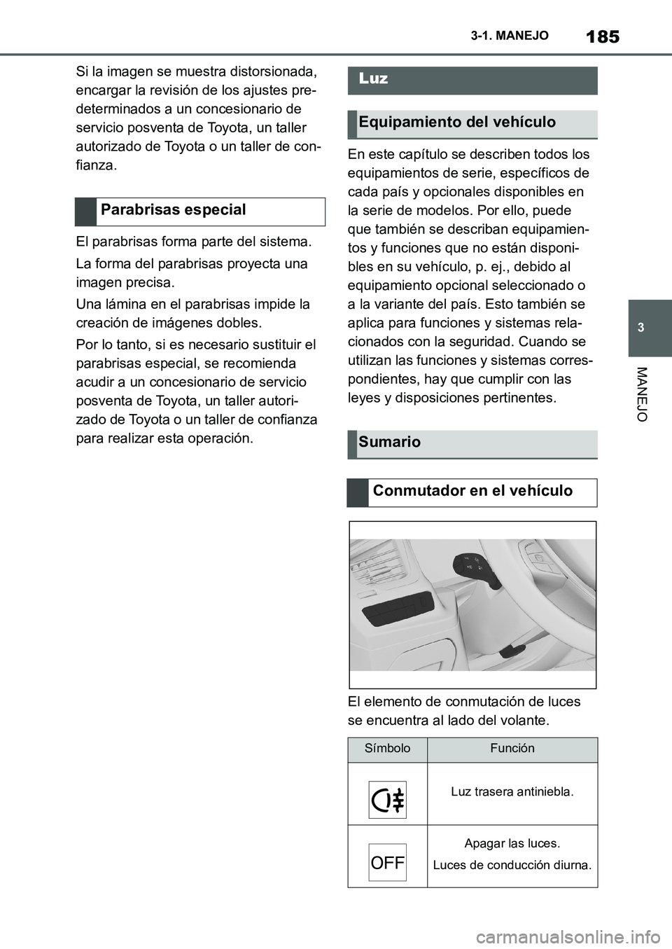 TOYOTA SUPRA 2022  Manuale de Empleo (in Spanish) 185
3 3-1. MANEJO
MANEJO
Si la imagen se muestra distorsionada, 
encargar la revisión de los ajustes pre-
determinados a un concesionario de 
servicio posventa de Toyota, un taller 
autorizado de Toy