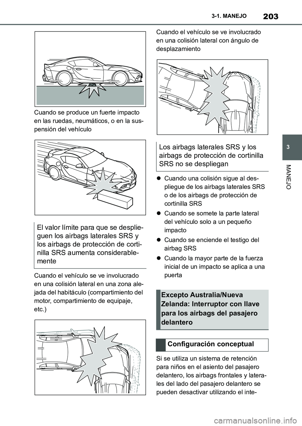 TOYOTA SUPRA 2022 Manuale de Empleo (in Spanish) 203
3 3-1. MANEJO
MANEJO
Cuando se produce un fuerte impacto
en las ruedas, neumáticos, o en la sus-
pensión del vehículo
Cuando el vehículo se ve involucrado
en una colisión lateral en una zon TOYOTA SUPRA 2022 Manuale de Empleo (in Spanish) 203
3 3-1. MANEJO
MANEJO
Cuando se produce un fuerte impacto
en las ruedas, neumáticos, o en la sus-
pensión del vehículo
Cuando el vehículo se ve involucrado
en una colisión lateral en una zon