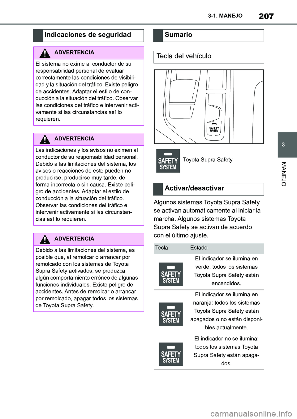 TOYOTA SUPRA 2022 Manuale de Empleo (in Spanish) 207
3 3-1. MANEJO
MANEJO
Algunos sistemas Toyota Supra Safety
se activan automáticamente al iniciar la
marcha. Algunos sistemas Toyota
Supra Safety se activan de acuerdo
con el último ajuste.
In TOYOTA SUPRA 2022 Manuale de Empleo (in Spanish) 207
3 3-1. MANEJO
MANEJO
Algunos sistemas Toyota Supra Safety
se activan automáticamente al iniciar la
marcha. Algunos sistemas Toyota
Supra Safety se activan de acuerdo
con el último ajuste.
In