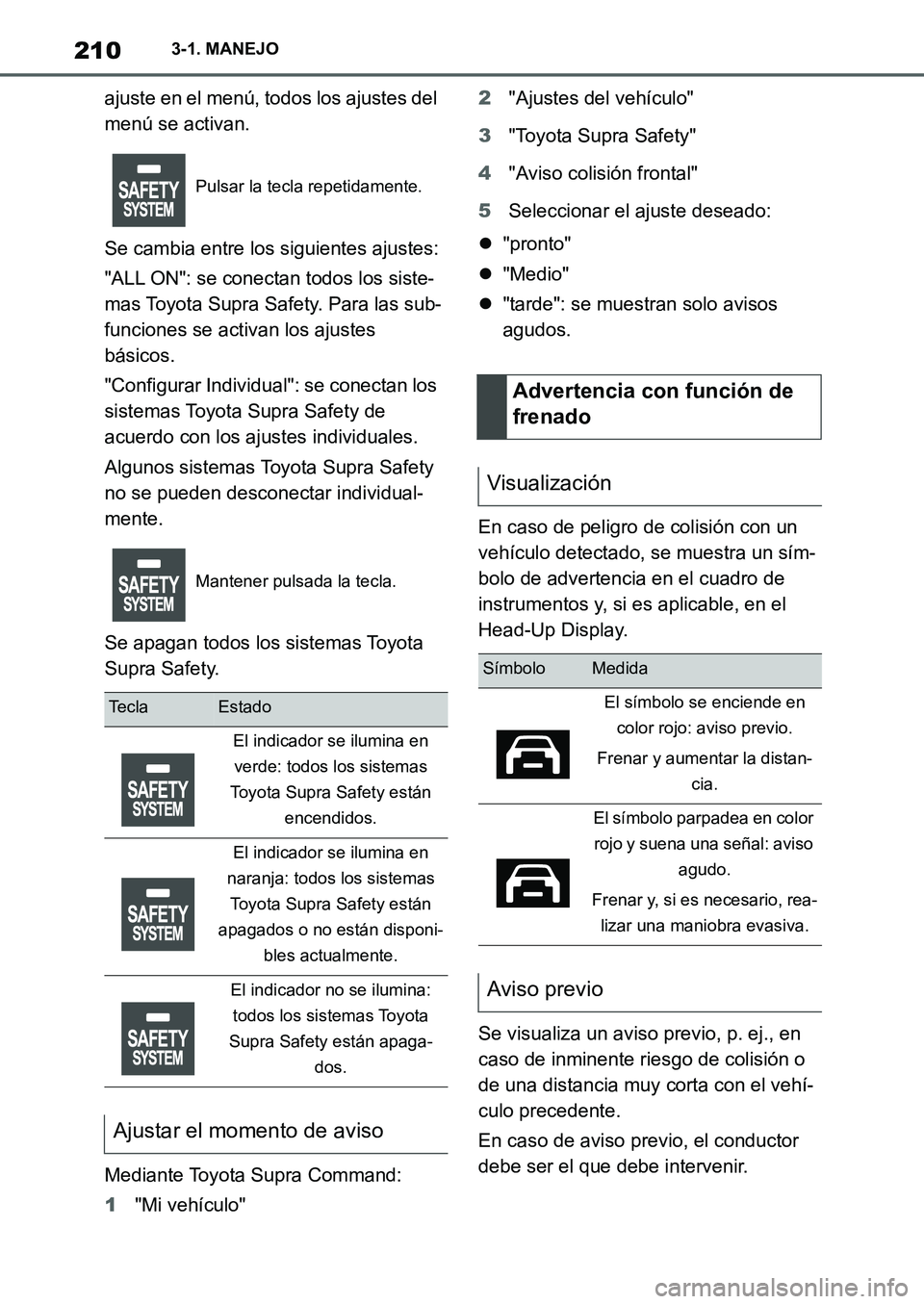 TOYOTA SUPRA 2022 Manuale de Empleo (in Spanish) 2103-1. MANEJO
ajuste en el menú, todos los ajustes del
menú se activan.
Se cambia entre los siguientes ajustes:
"ALL ON": se conectan todos los siste-
mas Toyota Supra Safety. Para las sub-
funcio TOYOTA SUPRA 2022 Manuale de Empleo (in Spanish) 2103-1. MANEJO
ajuste en el menú, todos los ajustes del
menú se activan.
Se cambia entre los siguientes ajustes:
"ALL ON": se conectan todos los siste-
mas Toyota Supra Safety. Para las sub-
funcio