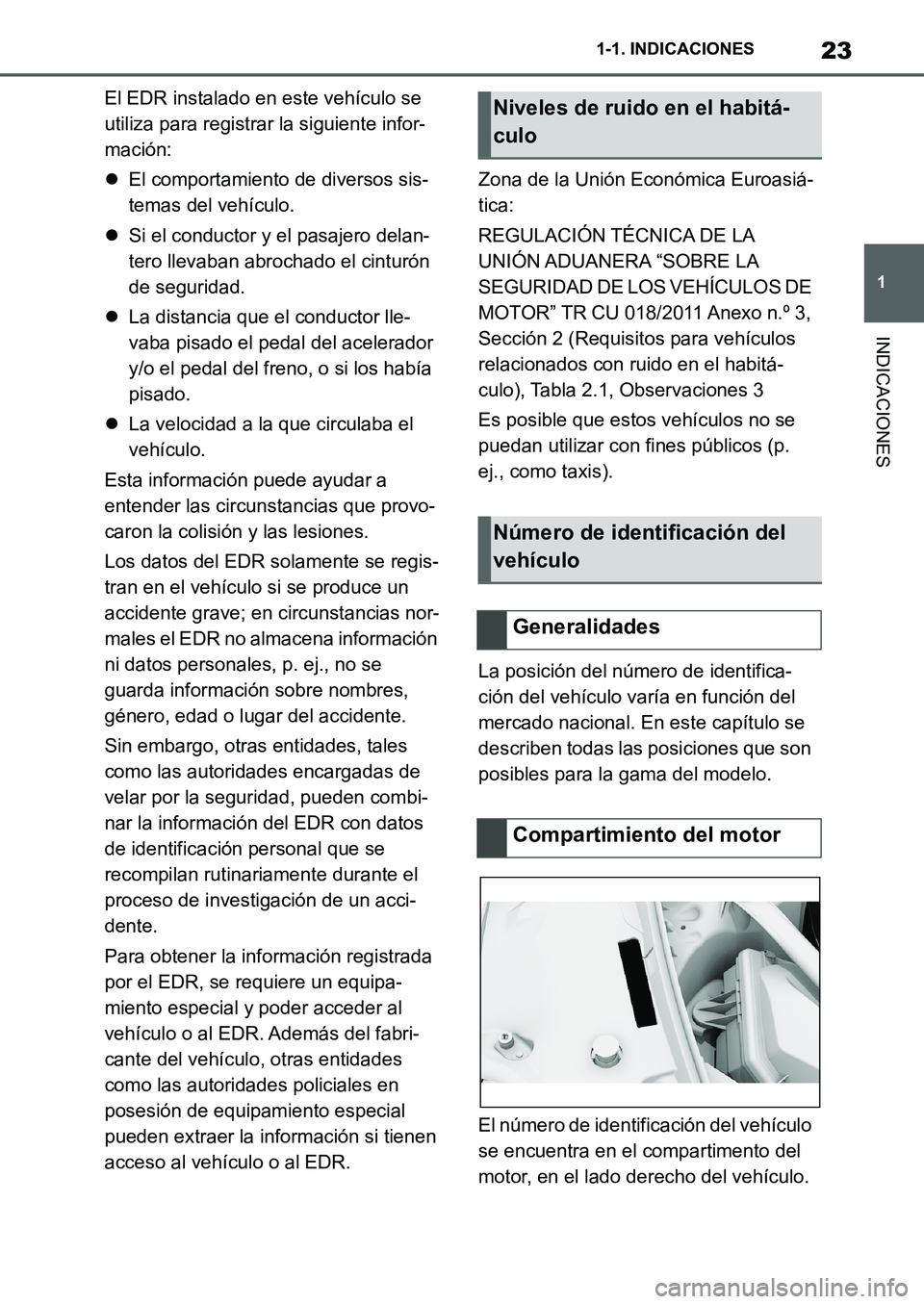 TOYOTA SUPRA 2022 Manuale de Empleo (in Spanish) 23
1 1-1. INDICACIONES
INDICACIONES
El EDR instalado en este vehículo se
utiliza para registrar la siguiente infor-
mación:
El comportamiento de diversos sis-
temas del vehículo.
Si el condu TOYOTA SUPRA 2022 Manuale de Empleo (in Spanish) 23
1 1-1. INDICACIONES
INDICACIONES
El EDR instalado en este vehículo se
utiliza para registrar la siguiente infor-
mación:
El comportamiento de diversos sis-
temas del vehículo.
Si el condu