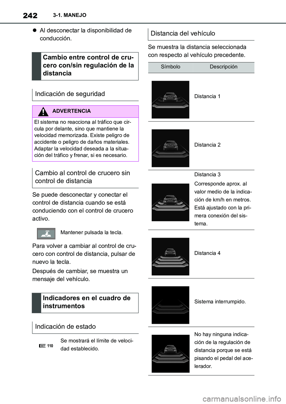 TOYOTA SUPRA 2022 Manuale de Empleo (in Spanish) 2423-1. MANEJO
Al desconectar la disponibilidad de
conducción.
Se puede desconectar y conectar el
control de distancia cuando se está
conduciendo con el control de crucero
activo.
Para volver TOYOTA SUPRA 2022 Manuale de Empleo (in Spanish) 2423-1. MANEJO
Al desconectar la disponibilidad de
conducción.
Se puede desconectar y conectar el
control de distancia cuando se está
conduciendo con el control de crucero
activo.
Para volver