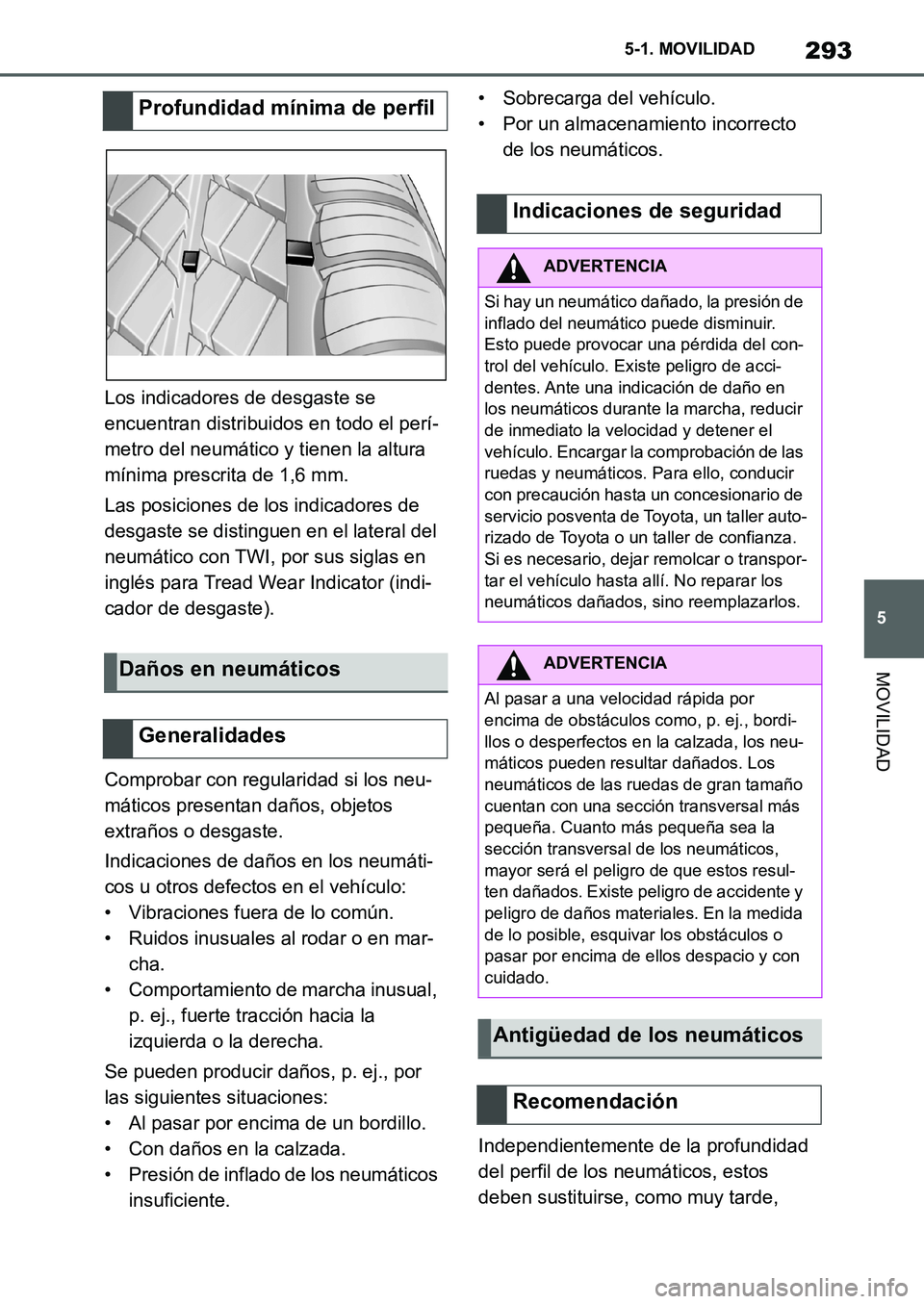TOYOTA SUPRA 2022  Manuale de Empleo (in Spanish) 293
5 5-1. MOVILIDAD
MOVILIDAD
Los indicadores de desgaste se 
encuentran distribuidos en todo el perí-
metro del neumático y tienen la altura 
mínima prescrita de 1,6 mm.
Las posiciones de los ind