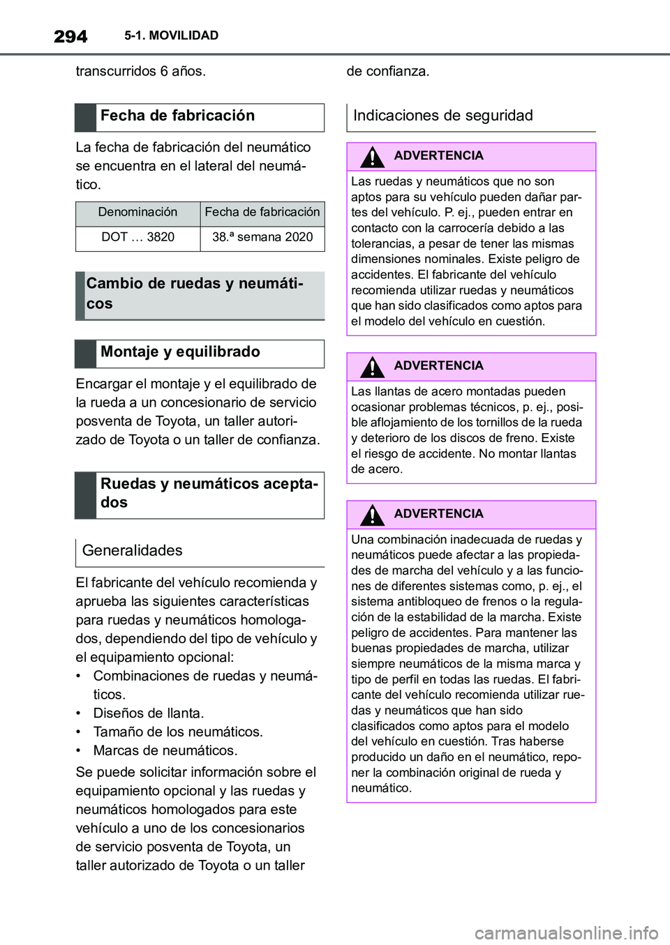 TOYOTA SUPRA 2022  Manuale de Empleo (in Spanish) 2945-1. MOVILIDAD
transcurridos 6 años.
La fecha de fabricación del neumático 
se encuentra en el lateral del neumá-
tico.
Encargar el montaje y el equilibrado de 
la rueda a un concesionario de s