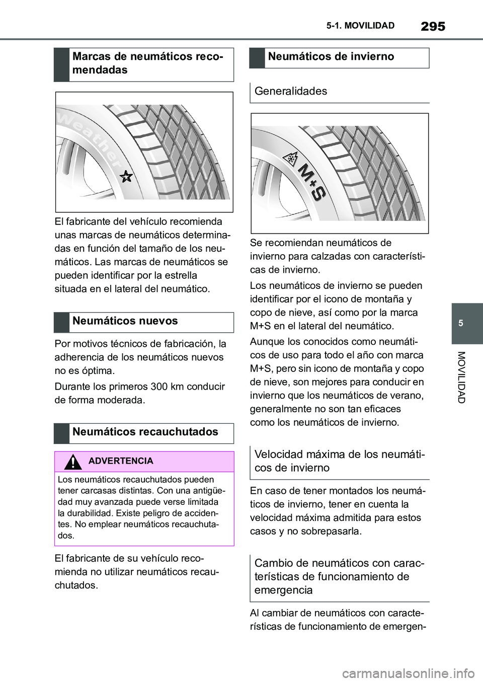 TOYOTA SUPRA 2022  Manuale de Empleo (in Spanish) 295
5 5-1. MOVILIDAD
MOVILIDAD
El fabricante del vehículo recomienda 
unas marcas de neumáticos determina-
das en función del tamaño de los neu-
máticos. Las marcas de neumáticos se 
pueden iden