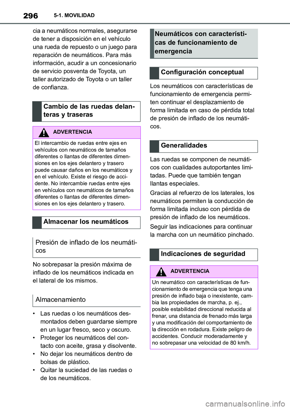 TOYOTA SUPRA 2022  Manuale de Empleo (in Spanish) 2965-1. MOVILIDAD
cia a neumáticos normales, asegurarse 
de tener a disposición en el vehículo 
una rueda de repuesto o un juego para 
reparación de neumáticos. Para más 
información, acudir a 