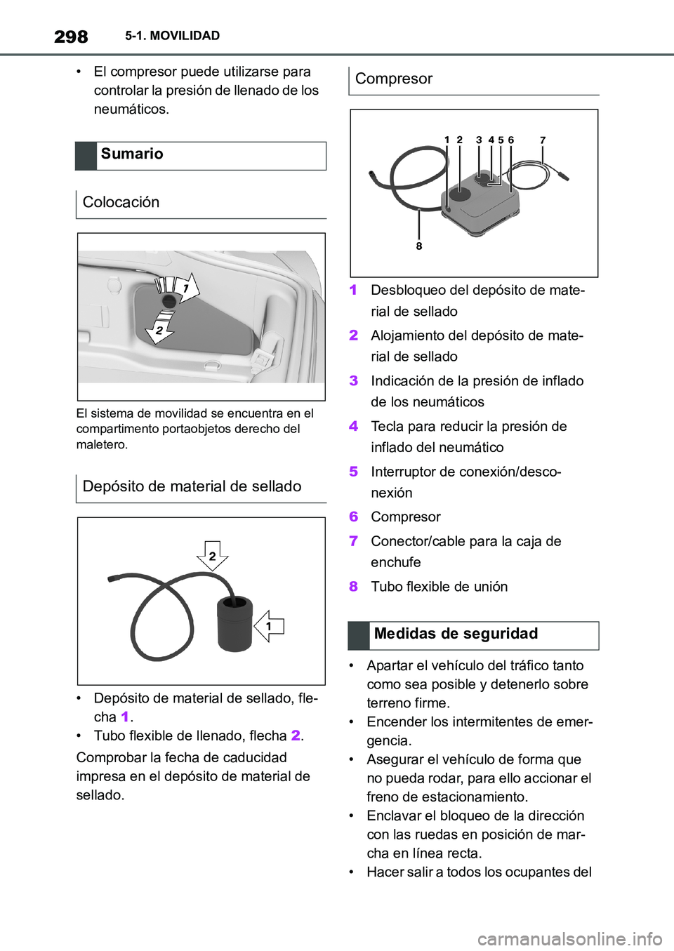 TOYOTA SUPRA 2022  Manuale de Empleo (in Spanish) 2985-1. MOVILIDAD
• El compresor puede utilizarse para 
controlar la presión de llenado de los 
neumáticos.
El sistema de movilidad se encuentra en el 
compartimento portaobjetos derecho del 
male