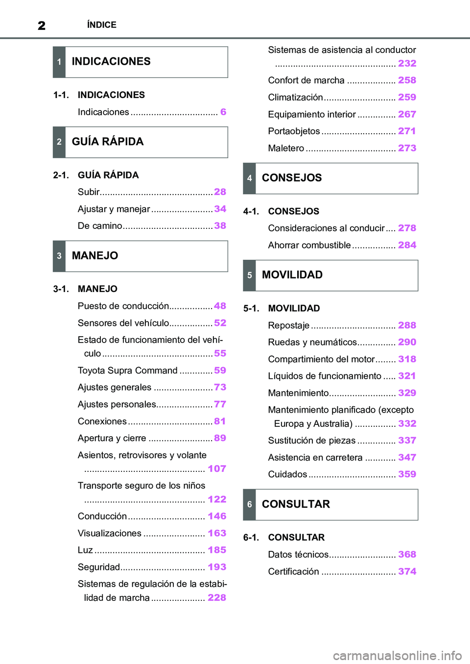 TOYOTA SUPRA 2022  Manuale de Empleo (in Spanish) 2ÍNDICE
1-1. INDICACIONES
Indicaciones ..................................6
2-1. GUÍA RÁPIDA
Subir............................................28
Ajustar y manejar ........................34
De camin