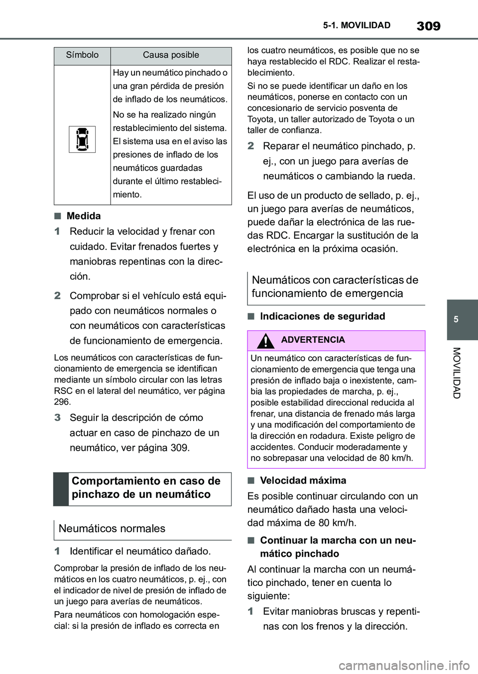 TOYOTA SUPRA 2022 Manuale de Empleo (in Spanish) 309
5 5-1. MOVILIDAD
MOVILIDAD
■Medida
1Reducir la velocidad y frenar con
cuidado. Evitar frenados fuertes y
maniobras repentinas con la direc-
ción.
2Comprobar si el vehículo está equi-
pado c TOYOTA SUPRA 2022 Manuale de Empleo (in Spanish) 309
5 5-1. MOVILIDAD
MOVILIDAD
■Medida
1Reducir la velocidad y frenar con
cuidado. Evitar frenados fuertes y
maniobras repentinas con la direc-
ción.
2Comprobar si el vehículo está equi-
pado c