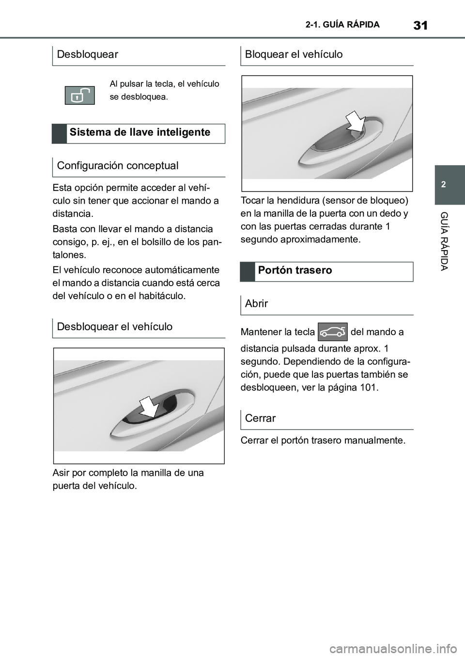 TOYOTA SUPRA 2022  Manuale de Empleo (in Spanish) 31
2 2-1. GUÍA RÁPIDA
GUÍA RÁPIDA
Esta opción permite acceder al vehí-
culo sin tener que accionar el mando a 
distancia.
Basta con llevar el mando a distancia 
consigo, p. ej., en el bolsillo d