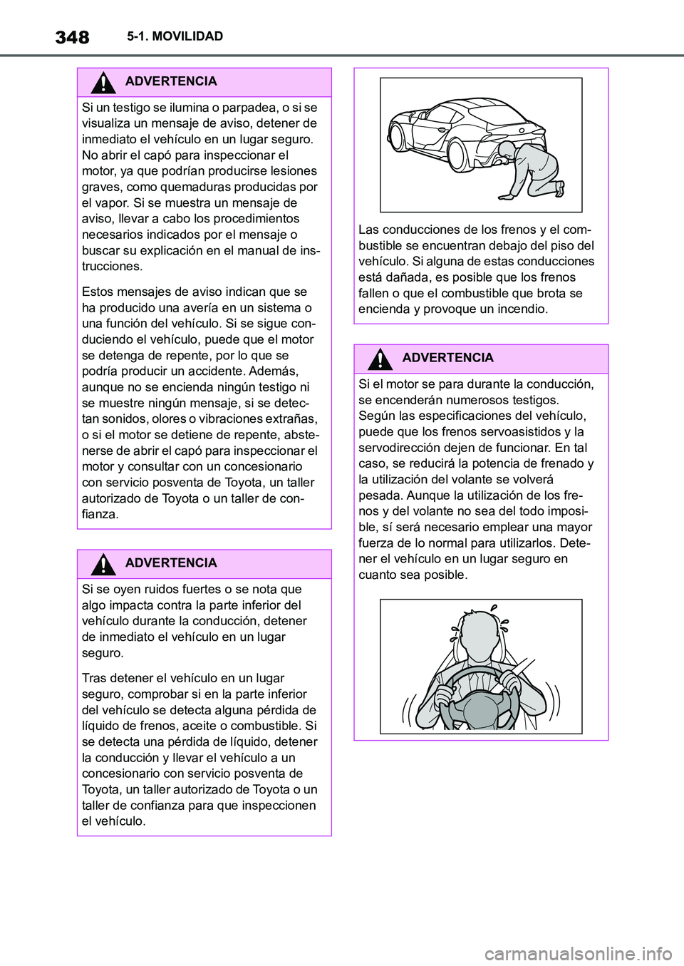 TOYOTA SUPRA 2022 Manuale de Empleo (in Spanish) 3485-1. MOVILIDAD
ADVERTENCIA
Si un testigo se ilumina o parpadea, o si se
visualiza un mensaje de aviso, detener de
inmediato el vehículo en un lugar seguro.
No abrir el capó para inspeccionar e TOYOTA SUPRA 2022 Manuale de Empleo (in Spanish) 3485-1. MOVILIDAD
ADVERTENCIA
Si un testigo se ilumina o parpadea, o si se
visualiza un mensaje de aviso, detener de
inmediato el vehículo en un lugar seguro.
No abrir el capó para inspeccionar e