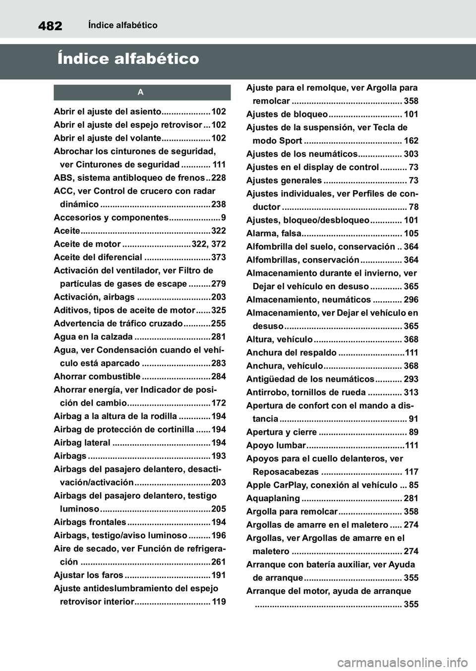 TOYOTA SUPRA 2022 Manuale de Empleo (in Spanish) 482Índice alfabético
Índice alfabético
A
Abrir el ajuste del asiento.................... 102
Abrir el ajuste del espejo retrovisor ... 102
Abrir el ajuste del volante.................... 102
Abroc TOYOTA SUPRA 2022 Manuale de Empleo (in Spanish) 482Índice alfabético
Índice alfabético
A
Abrir el ajuste del asiento.................... 102
Abrir el ajuste del espejo retrovisor ... 102
Abrir el ajuste del volante.................... 102
Abroc