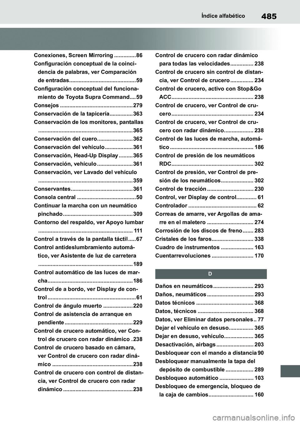 TOYOTA SUPRA 2022  Manuale de Empleo (in Spanish) 485Índice alfabético
Conexiones, Screen Mirroring .............. 86
Configuración conceptual de la coinci-
dencia de palabras, ver Comparación 
de entradas.........................................
