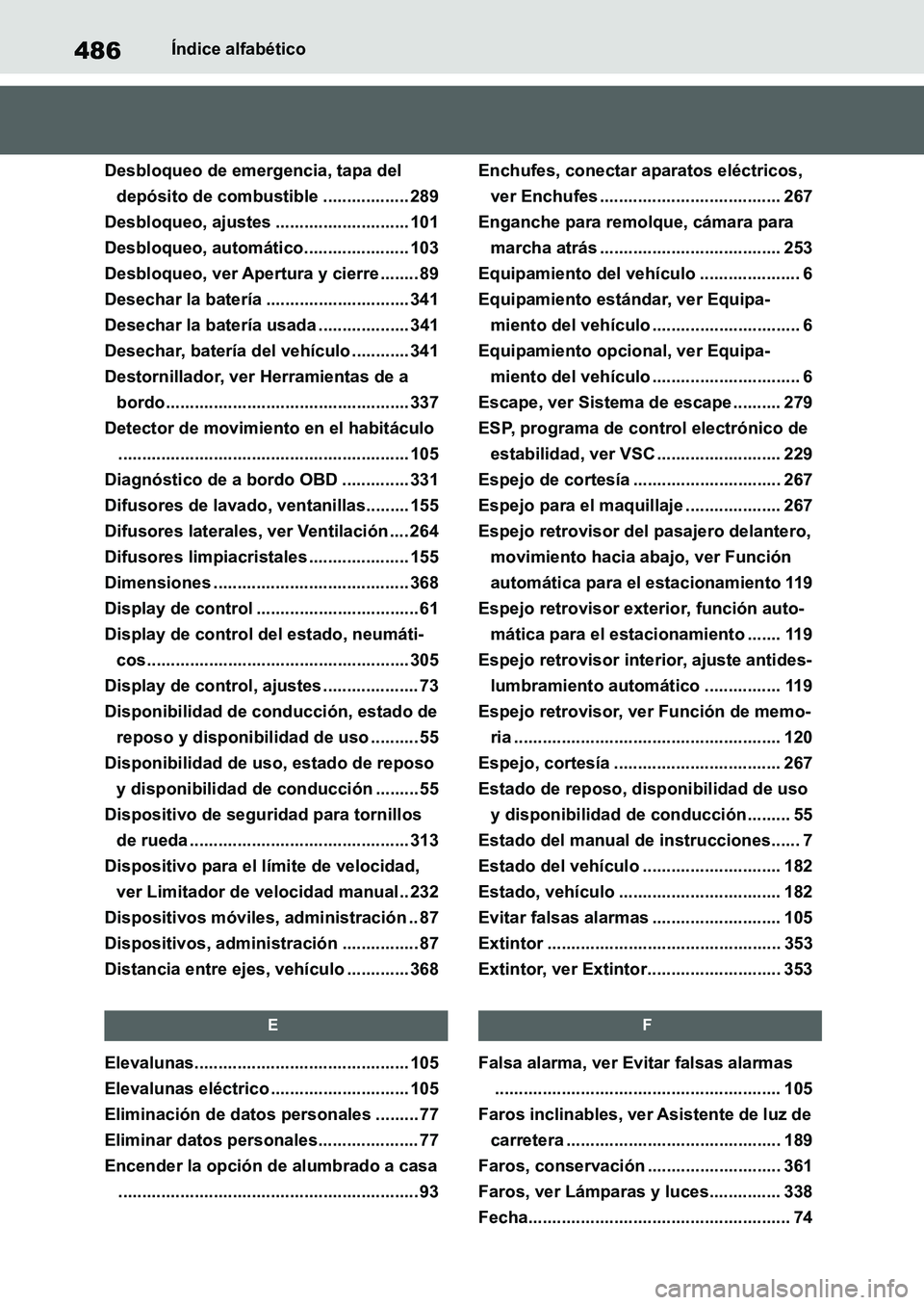 TOYOTA SUPRA 2022  Manuale de Empleo (in Spanish) 486Índice alfabético
Desbloqueo de emergencia, tapa del 
depósito de combustible .................. 289
Desbloqueo, ajustes ............................ 101
Desbloqueo, automático.................