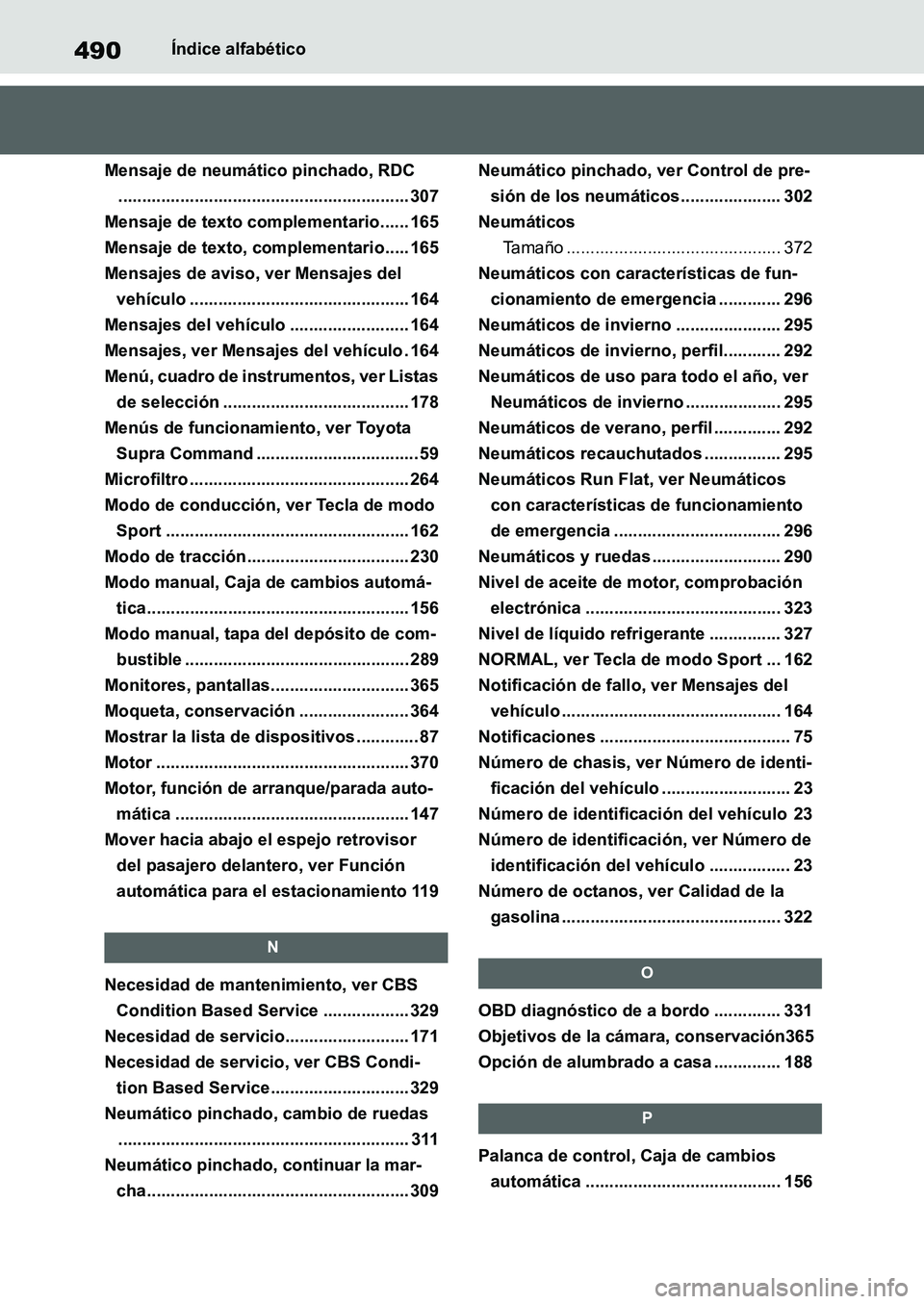 TOYOTA SUPRA 2022 Manuale de Empleo (in Spanish) 490Índice alfabético
Mensaje de neumático pinchado, RDC
............................................................. 307
Mensaje de texto complementario...... 165
Mensaje de texto, complementario. TOYOTA SUPRA 2022 Manuale de Empleo (in Spanish) 490Índice alfabético
Mensaje de neumático pinchado, RDC
............................................................. 307
Mensaje de texto complementario...... 165
Mensaje de texto, complementario.