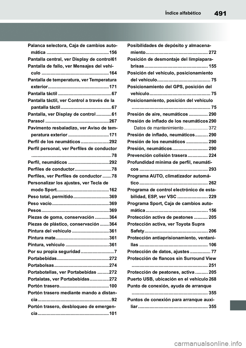 TOYOTA SUPRA 2022 Manuale de Empleo (in Spanish) 491Índice alfabético
Palanca selectora, Caja de cambios auto-
mática ................................................. 156
Pantalla central, ver Display de control61
Pantalla de fallo, ver Mensajes TOYOTA SUPRA 2022 Manuale de Empleo (in Spanish) 491Índice alfabético
Palanca selectora, Caja de cambios auto-
mática ................................................. 156
Pantalla central, ver Display de control61
Pantalla de fallo, ver Mensajes