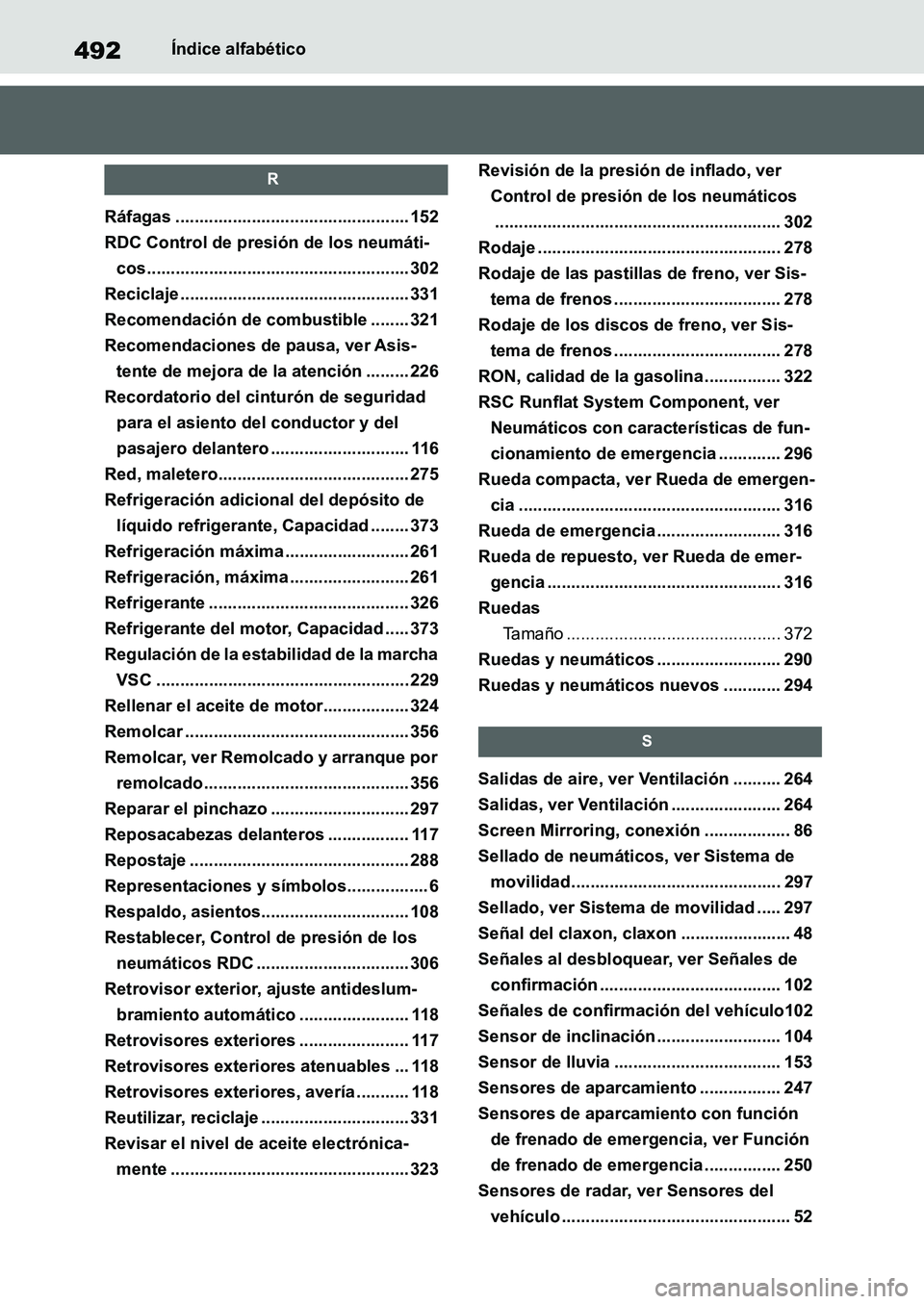 TOYOTA SUPRA 2022 Manuale de Empleo (in Spanish) 492Índice alfabético
R
Ráfagas ................................................. 152
RDC Control de presión de los neumáti-
cos....................................................... 302
Reciclaj TOYOTA SUPRA 2022 Manuale de Empleo (in Spanish) 492Índice alfabético
R
Ráfagas ................................................. 152
RDC Control de presión de los neumáti-
cos....................................................... 302
Reciclaj