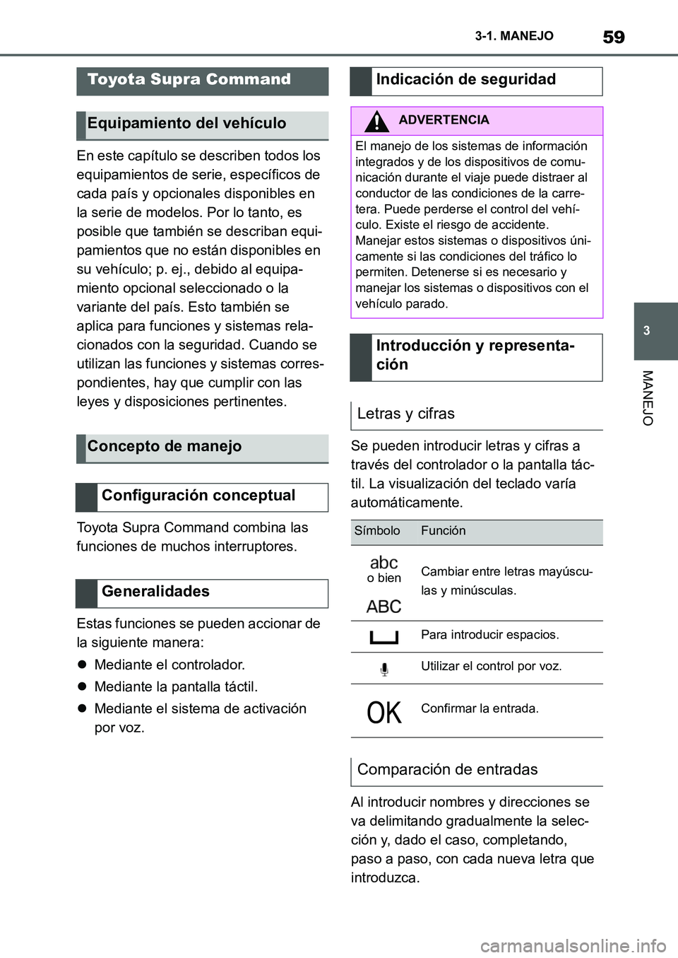 TOYOTA SUPRA 2022  Manuale de Empleo (in Spanish) 59
3 3-1. MANEJO
MANEJO
En este capítulo se describen todos los 
equipamientos de serie, específicos de 
cada país y opcionales disponibles en 
la serie de modelos. Por lo tanto, es 
posible que ta