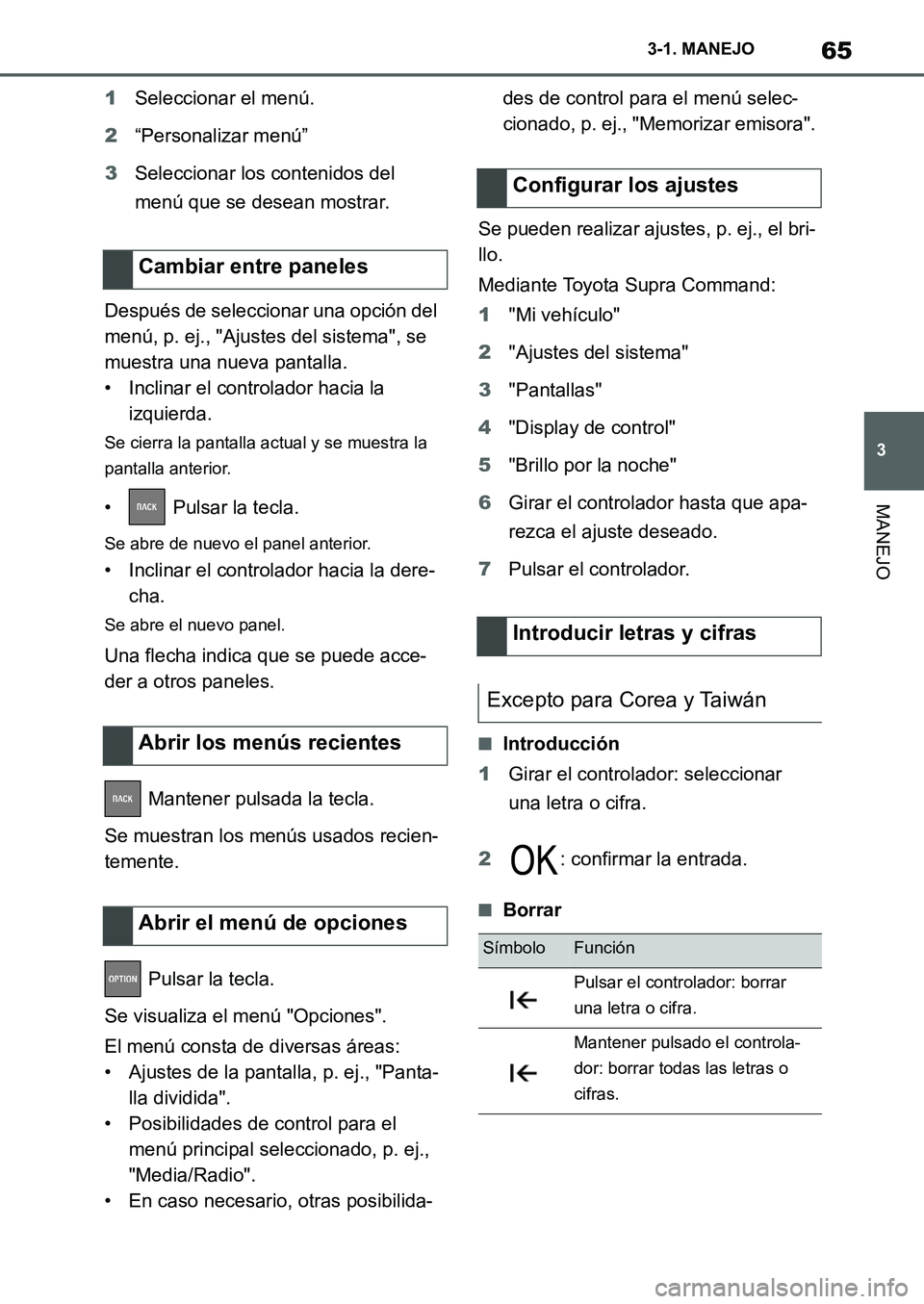 TOYOTA SUPRA 2022  Manuale de Empleo (in Spanish) 65
3 3-1. MANEJO
MANEJO
1Seleccionar el menú.
2“Personalizar menú”
3Seleccionar los contenidos del 
menú que se desean mostrar.
Después de seleccionar una opción del 
menú, p. ej., "Ajustes 