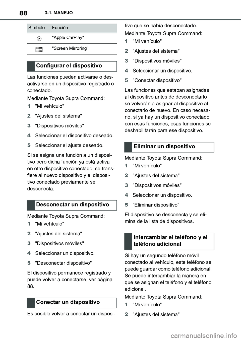 TOYOTA SUPRA 2022 Manuale de Empleo (in Spanish) 883-1. MANEJO
Las funciones pueden activarse o des-
activarse en un dispositivo registrado o
conectado.
Mediante Toyota Supra Command:
1"Mi vehículo"
2"Ajustes del sistema"
3"Dispositivos móviles"
TOYOTA SUPRA 2022 Manuale de Empleo (in Spanish) 883-1. MANEJO
Las funciones pueden activarse o des-
activarse en un dispositivo registrado o
conectado.
Mediante Toyota Supra Command:
1"Mi vehículo"
2"Ajustes del sistema"
3"Dispositivos móviles"