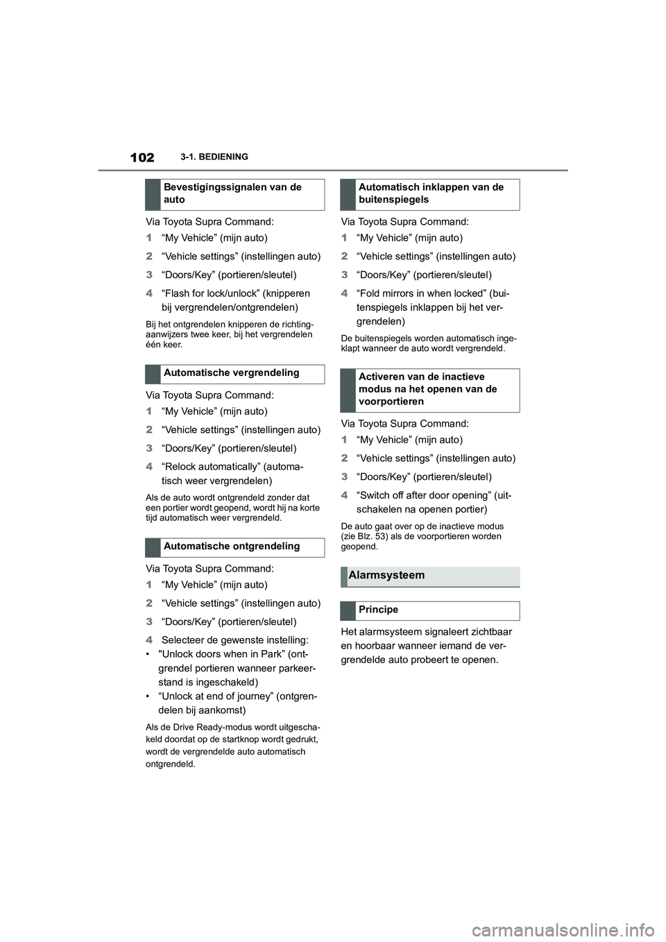 TOYOTA SUPRA 2022  Instructieboekje (in Dutch) 1023-1. BEDIENING
Via Toyota Supra Command:
1“My Vehicle” (mijn auto)
2 “Vehicle settings” (instellingen auto)
3 “Doors/Key” (portieren/sleutel)
4 “Flash for lock/unlock” (knipperen 
b