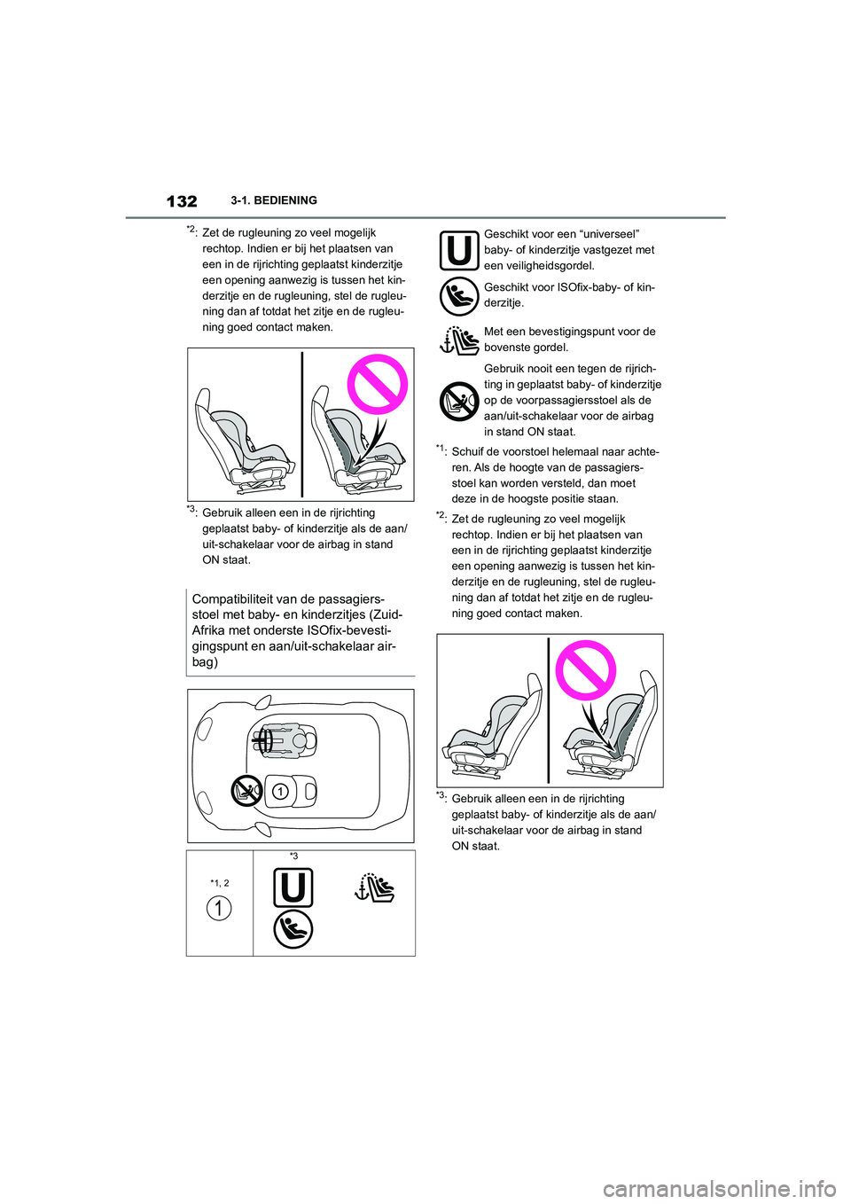 TOYOTA SUPRA 2022  Instructieboekje (in Dutch) 1323-1. BEDIENING
*2: Zet de rugleuning zo veel mogelijk rechtop. Indien er bij het plaatsen van 
een in de rijrichti ng geplaatst kinderzitje 
een opening aanwezig is tussen het kin-
derzitje en de r