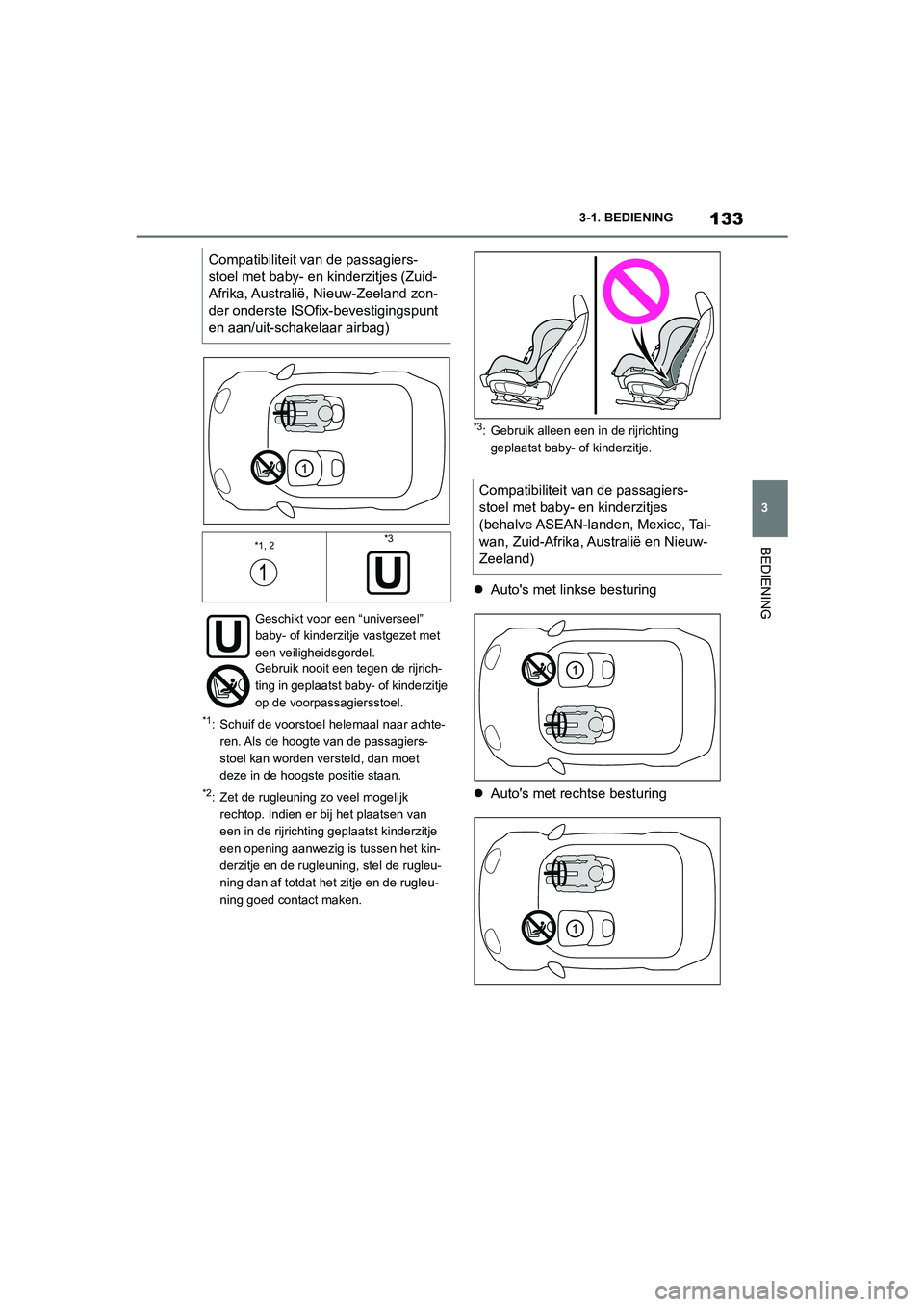 TOYOTA SUPRA 2022  Instructieboekje (in Dutch) 133
3
3-1. BEDIENING
BEDIENING
*1: Schuif de voorstoel helemaal naar achte-
ren. Als de hoogte van de passagiers-
stoel kan worden versteld, dan moet 
deze in de hoogste positie staan.
*2: Zet de rugl
