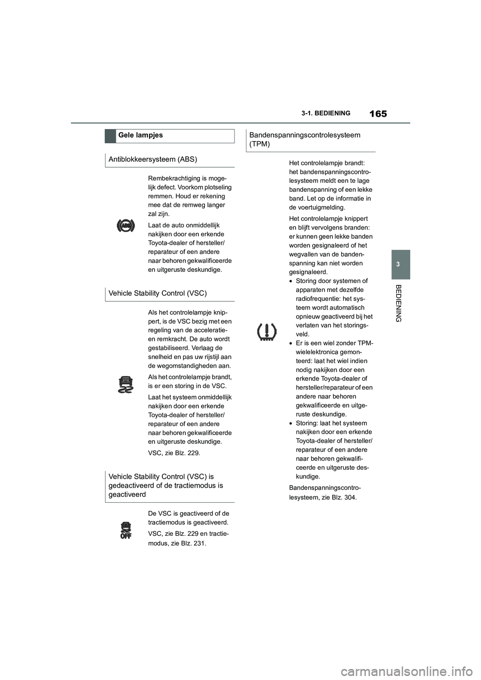 TOYOTA SUPRA 2022 Instructieboekje (in Dutch) 165
3
3-1. BEDIENING
BEDIENING
Gele lampjes
Antiblokkeersysteem (ABS)
Rembekrachtiging is moge-
lijk defect. Voorkom plotseling
remmen. Houd er rekening
mee dat de remweg langer
zal zijn.
Laat de a TOYOTA SUPRA 2022 Instructieboekje (in Dutch) 165
3
3-1. BEDIENING
BEDIENING
Gele lampjes
Antiblokkeersysteem (ABS)
Rembekrachtiging is moge-
lijk defect. Voorkom plotseling
remmen. Houd er rekening
mee dat de remweg langer
zal zijn.
Laat de a
