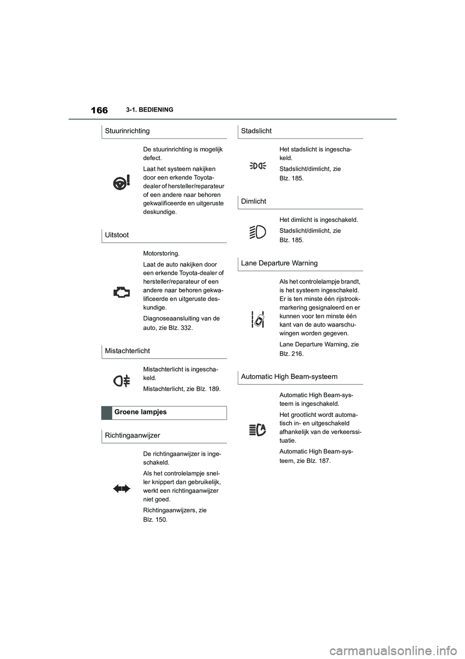 TOYOTA SUPRA 2022 Instructieboekje (in Dutch) 1663-1. BEDIENING
Stuurinrichting
De stuurinrichting is mogelijk
defect.
Laat het systeem nakijken
door een erkende Toyota-
dealer of hersteller/reparateur
of een andere naar behoren
gekwalificeer TOYOTA SUPRA 2022 Instructieboekje (in Dutch) 1663-1. BEDIENING
Stuurinrichting
De stuurinrichting is mogelijk
defect.
Laat het systeem nakijken
door een erkende Toyota-
dealer of hersteller/reparateur
of een andere naar behoren
gekwalificeer