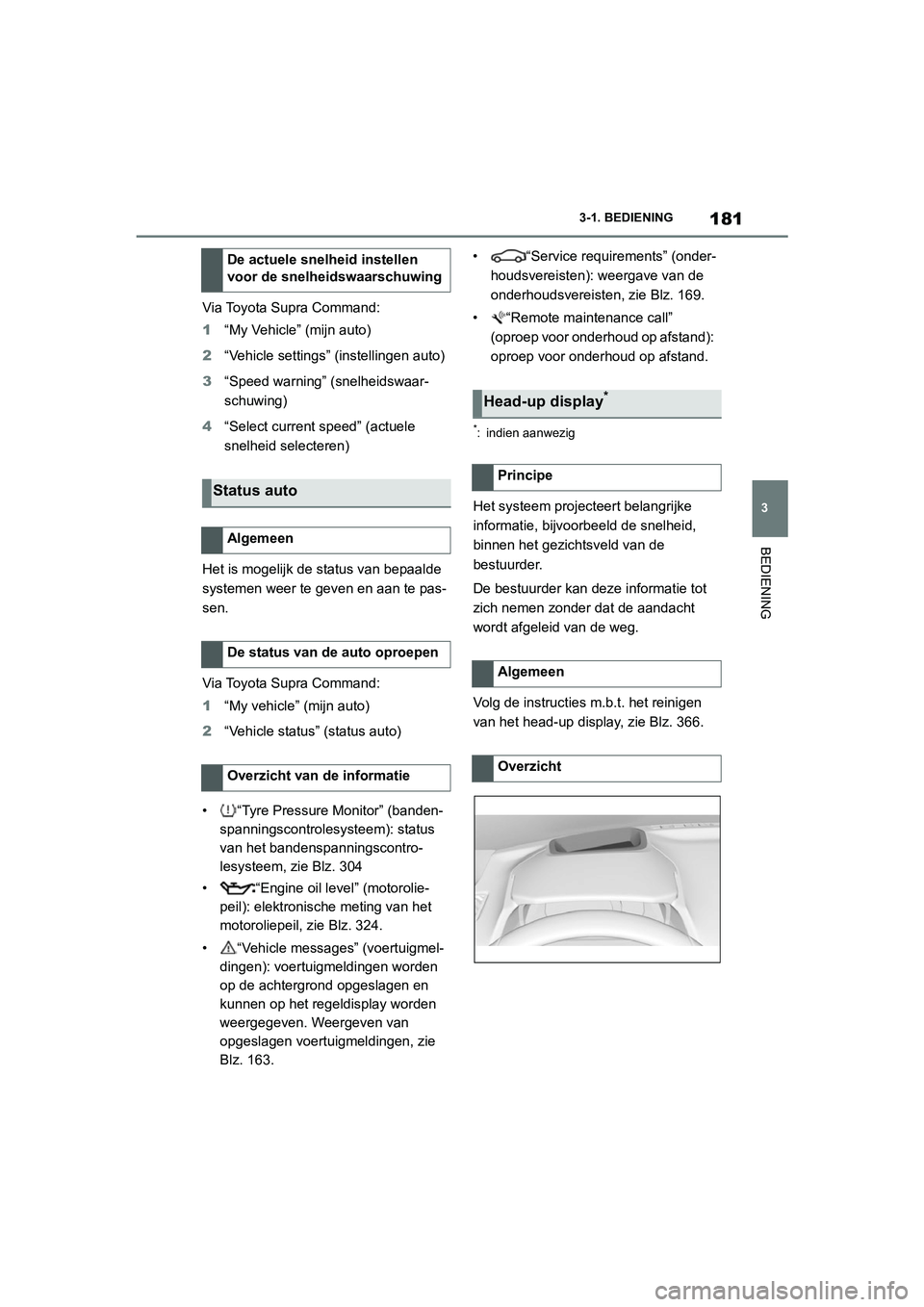 TOYOTA SUPRA 2022  Instructieboekje (in Dutch) 181
3
3-1. BEDIENING
BEDIENING
Via Toyota Supra Command:
1
“My Vehicle” (mijn auto)
2 “Vehicle settings” (instellingen auto)
3 “Speed warning” (snelheidswaar-
schuwing)
4 “Select current TOYOTA SUPRA 2022  Instructieboekje (in Dutch) 181
3
3-1. BEDIENING
BEDIENING
Via Toyota Supra Command:
1
“My Vehicle” (mijn auto)
2 “Vehicle settings” (instellingen auto)
3 “Speed warning” (snelheidswaar-
schuwing)
4 “Select current