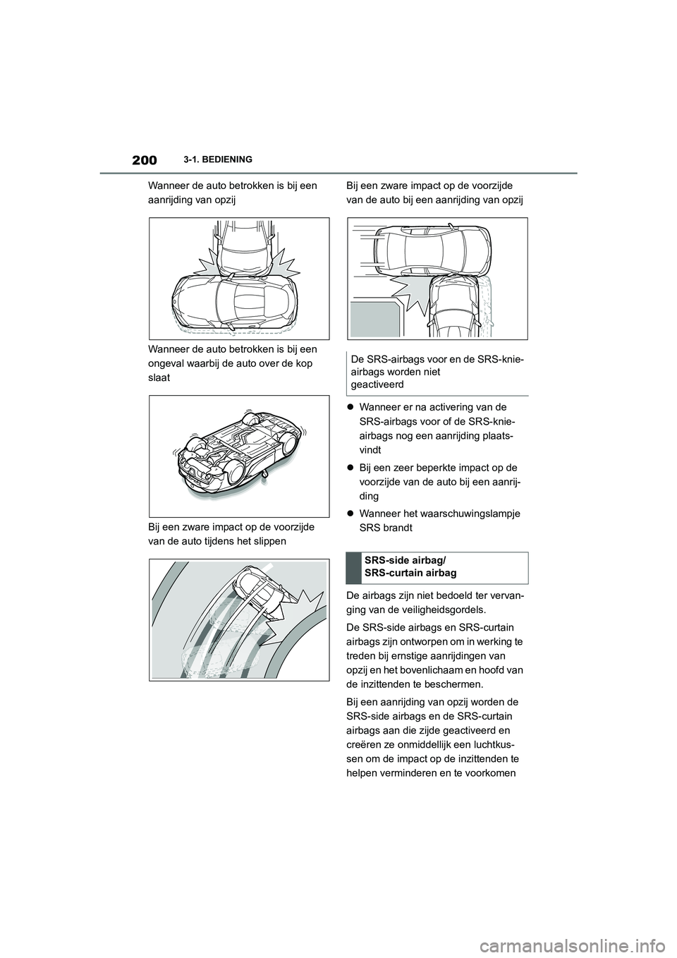 TOYOTA SUPRA 2022  Instructieboekje (in Dutch) 2003-1. BEDIENING
Wanneer de auto betrokken is bij een 
aanrijding van opzij
Wanneer de auto betrokken is bij een 
ongeval waarbij de auto over de kop 
slaat
Bij een zware impact op de voorzijde 
van 