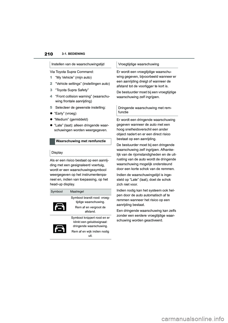 TOYOTA SUPRA 2022 Instructieboekje (in Dutch) 2103-1. BEDIENING
Via Toyota Supra Command:
1“My Vehicle” (mijn auto)
2 “Vehicle settings” (instellingen auto)
3 “Toyota Supra Safety”
4 “Front collision warning” (waarschu-
wing front TOYOTA SUPRA 2022 Instructieboekje (in Dutch) 2103-1. BEDIENING
Via Toyota Supra Command:
1“My Vehicle” (mijn auto)
2 “Vehicle settings” (instellingen auto)
3 “Toyota Supra Safety”
4 “Front collision warning” (waarschu-
wing front