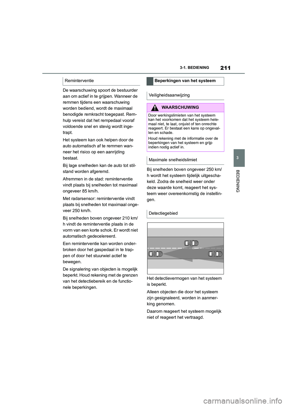 TOYOTA SUPRA 2022  Instructieboekje (in Dutch) 211
3
3-1. BEDIENING
BEDIENING
De waarschuwing spoort de bestuurder 
aan om actief in te grijpen. Wanneer de 
remmen tijdens een waarschuwing 
worden bediend, wordt de maximaal 
benodigde remkracht to