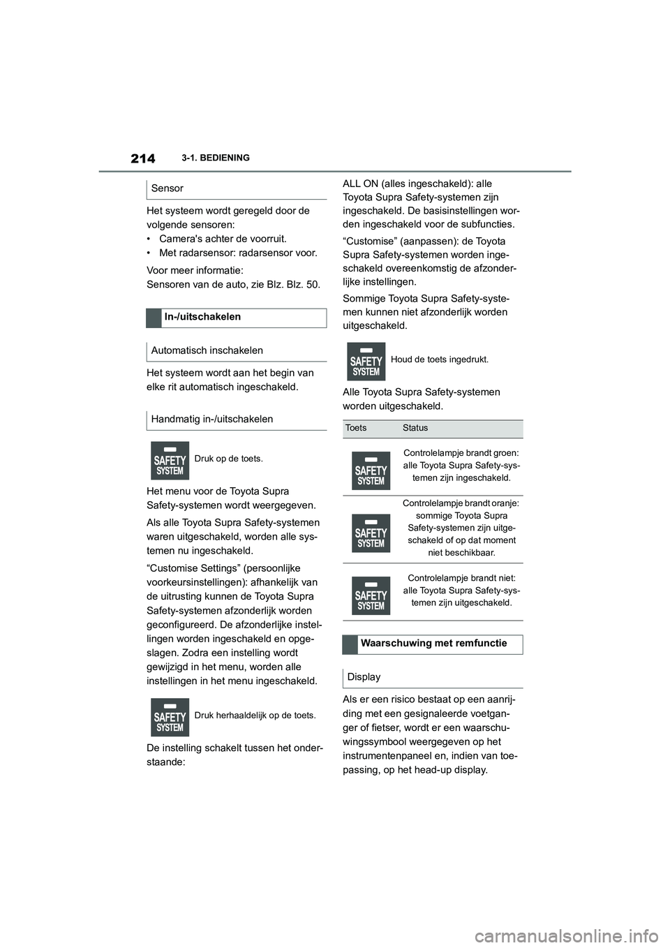 TOYOTA SUPRA 2022  Instructieboekje (in Dutch) 2143-1. BEDIENING
Het systeem wordt geregeld door de 
volgende sensoren:
• Cameras achter de voorruit.
• Met radarsensor: radarsensor voor.
Voor meer informatie:
Sensoren van de auto, zie Blz. Bl