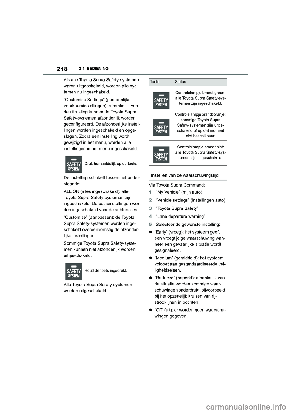TOYOTA SUPRA 2022 Instructieboekje (in Dutch) 2183-1. BEDIENING
Als alle Toyota Supra Safety-systemen
waren uitgeschakeld, worden alle sys-
temen nu ingeschakeld.
“Customise Settings” (persoonlijke
voorkeursinstellingen): afhankelijk van
d TOYOTA SUPRA 2022 Instructieboekje (in Dutch) 2183-1. BEDIENING
Als alle Toyota Supra Safety-systemen
waren uitgeschakeld, worden alle sys-
temen nu ingeschakeld.
“Customise Settings” (persoonlijke
voorkeursinstellingen): afhankelijk van
d