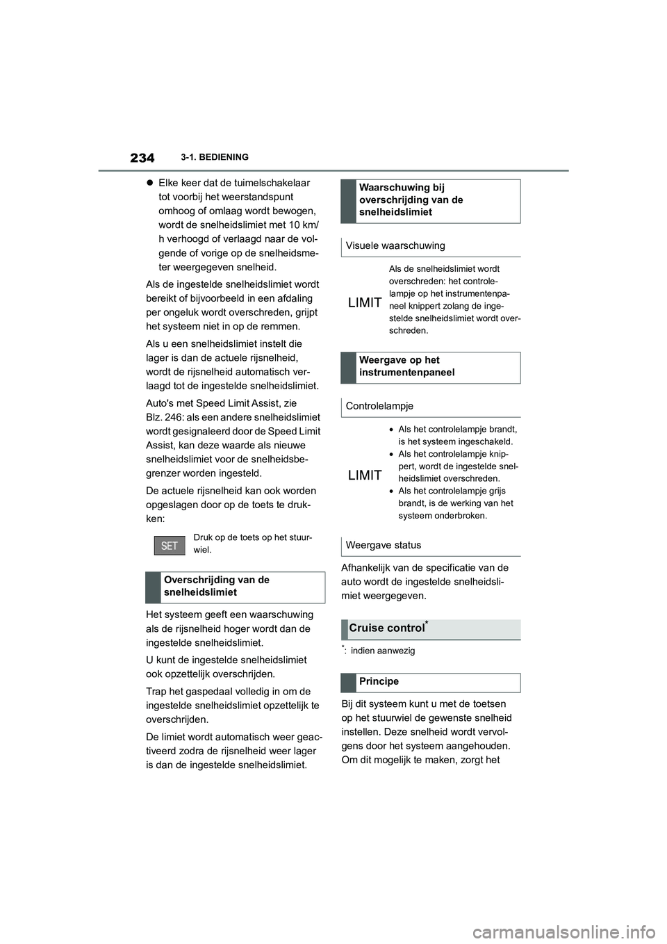 TOYOTA SUPRA 2022 Instructieboekje (in Dutch) 2343-1. BEDIENING
Elke keer dat de tuimelschakelaar
tot voorbij het weerstandspunt
omhoog of omlaag wordt bewogen,
wordt de snelheid slimiet met 10 km/
h verhoogd of verlaagd naar de vol-
gende TOYOTA SUPRA 2022 Instructieboekje (in Dutch) 2343-1. BEDIENING
Elke keer dat de tuimelschakelaar
tot voorbij het weerstandspunt
omhoog of omlaag wordt bewogen,
wordt de snelheid slimiet met 10 km/
h verhoogd of verlaagd naar de vol-
gende