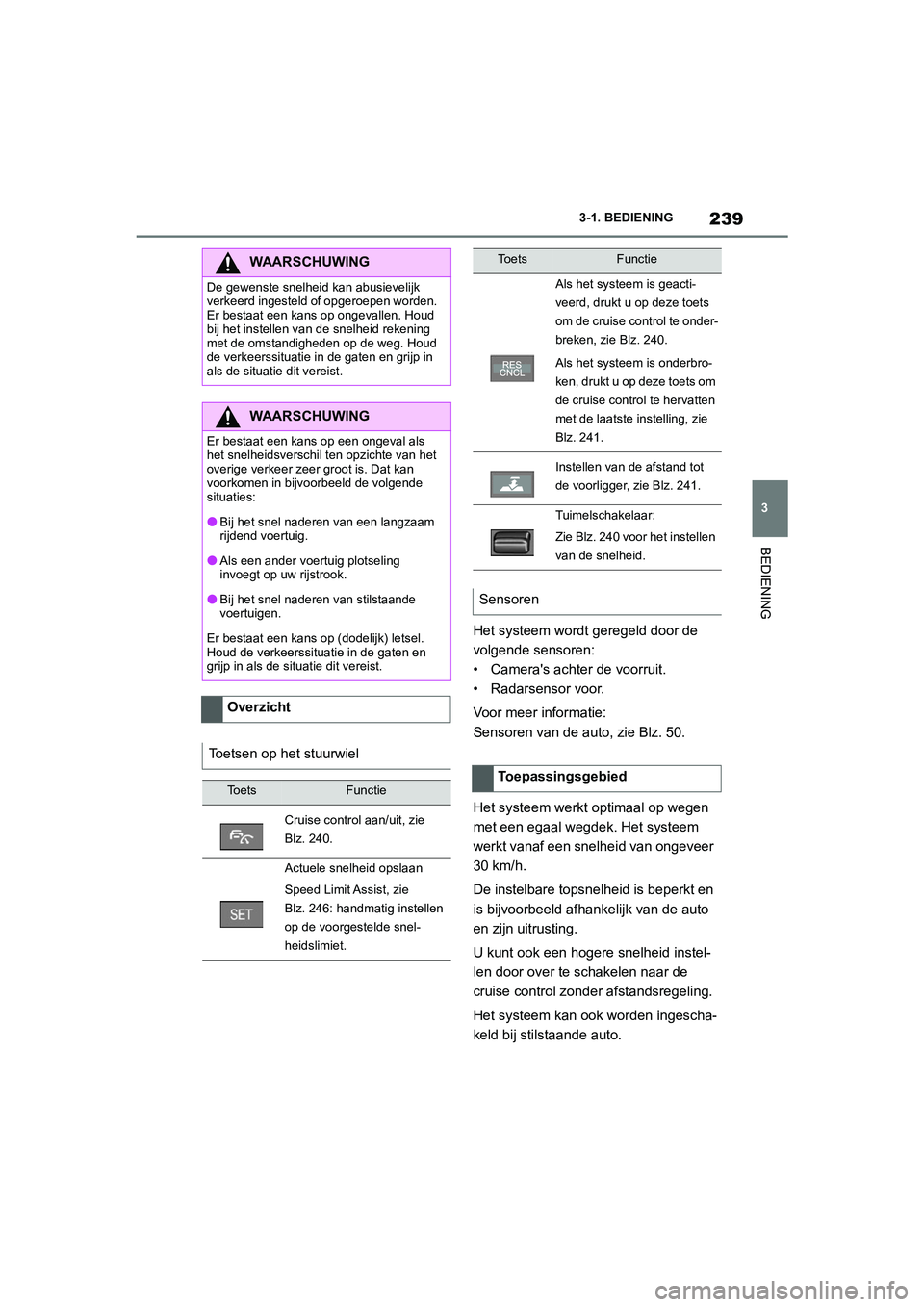 TOYOTA SUPRA 2022  Instructieboekje (in Dutch) 239
3
3-1. BEDIENING
BEDIENING
Het systeem wordt geregeld door de 
volgende sensoren:
• Cameras achter de voorruit.
• Radarsensor voor.
Voor meer informatie:
Sensoren van de auto, zie Blz. 50.
He