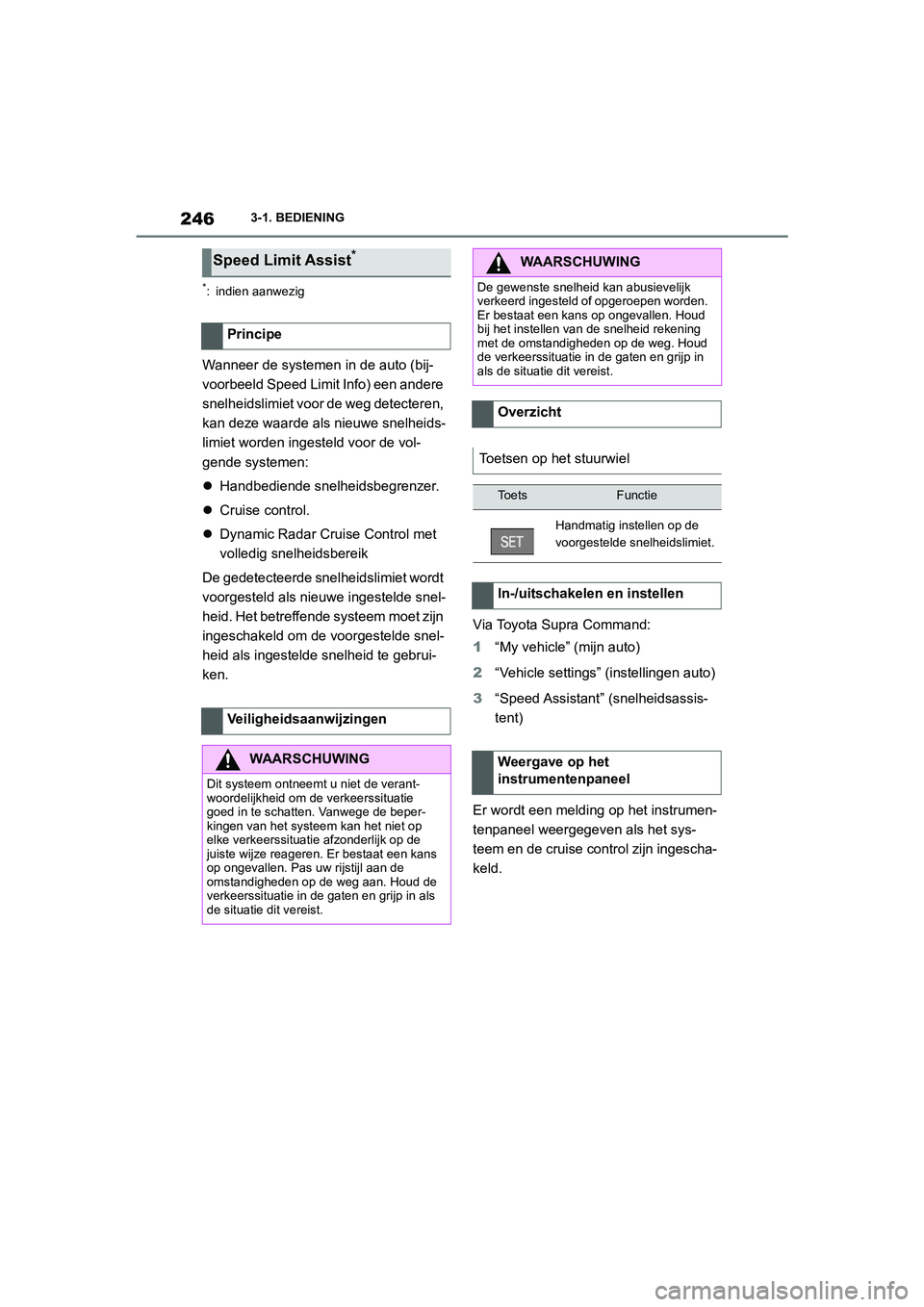 TOYOTA SUPRA 2022  Instructieboekje (in Dutch) 2463-1. BEDIENING
*: indien aanwezig
Wanneer de systemen in de auto (bij-
voorbeeld Speed Limit Info) een andere 
snelheidslimiet voor de weg detecteren, 
kan deze waarde als nieuwe snelheids-
limiet 