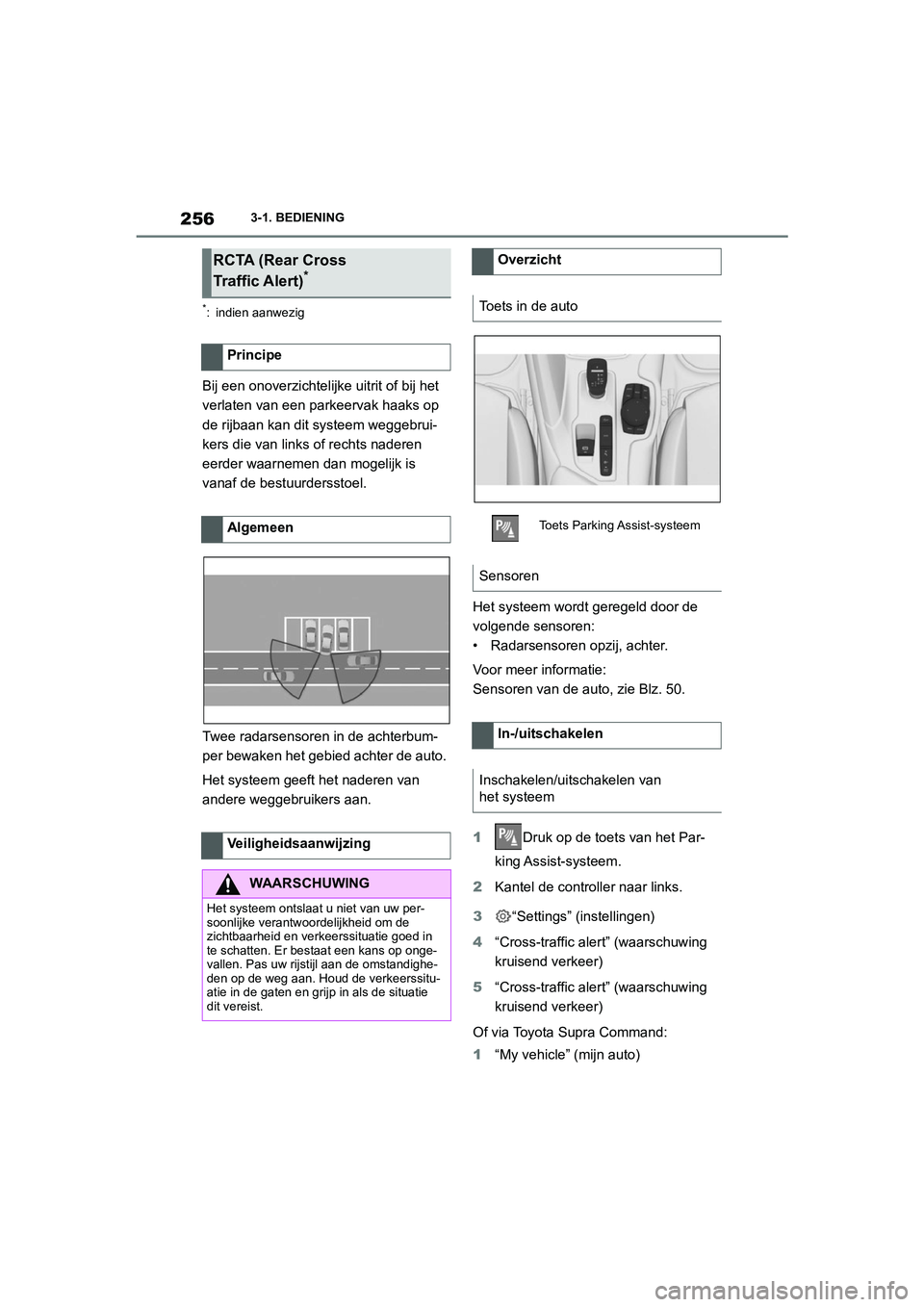 TOYOTA SUPRA 2022  Instructieboekje (in Dutch) 2563-1. BEDIENING
*: indien aanwezig
Bij een onoverzichtelijke uitrit of bij het 
verlaten van een parkeervak haaks op 
de rijbaan kan dit systeem weggebrui-
kers die van links of rechts naderen 
eerd