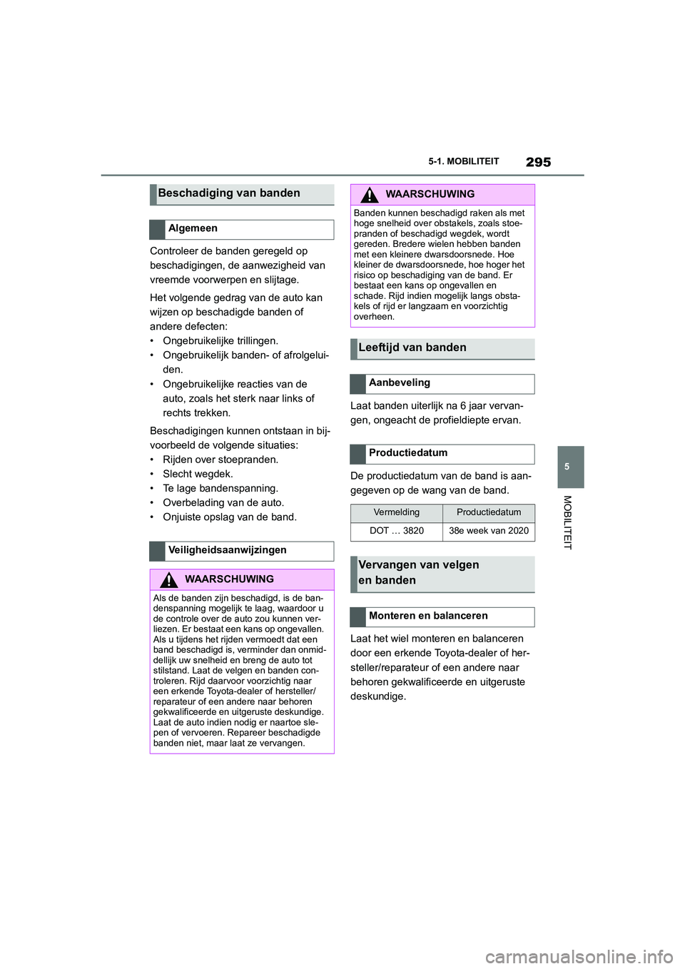 TOYOTA SUPRA 2022  Instructieboekje (in Dutch) 295
5
5-1. MOBILITEIT
MOBILITEIT
Controleer de banden geregeld op 
beschadigingen, de aanwezigheid van 
vreemde voorwerpen en slijtage.
Het volgende gedrag van de auto kan 
wijzen op beschadigde bande