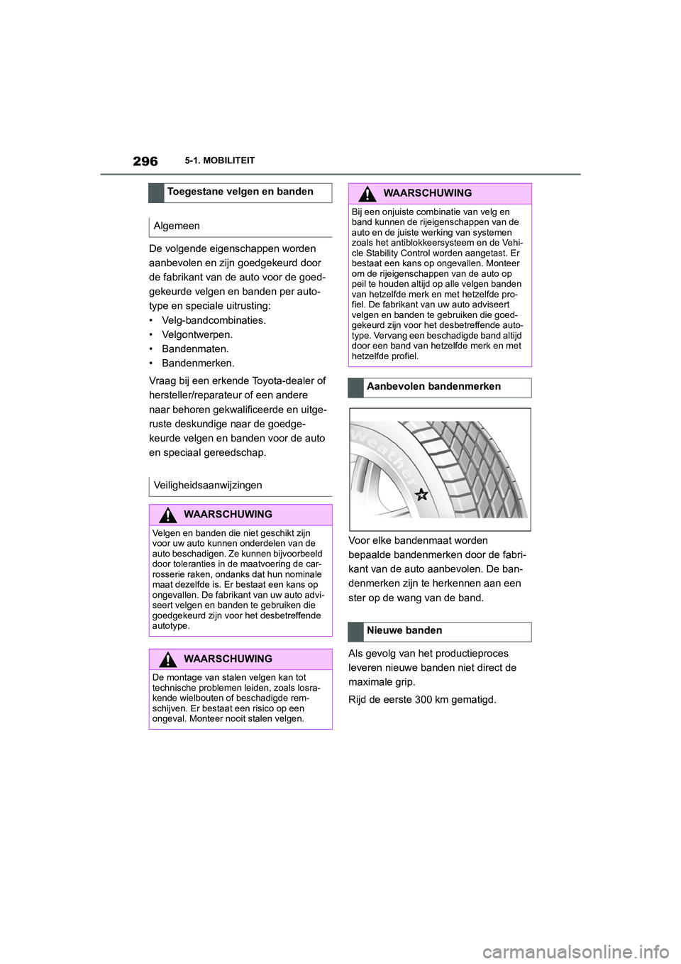 TOYOTA SUPRA 2022  Instructieboekje (in Dutch) 2965-1. MOBILITEIT
De volgende eigenschappen worden 
aanbevolen en zijn goedgekeurd door 
de fabrikant van de auto voor de goed-
gekeurde velgen en banden per auto-
type en speciale uitrusting:
• Ve