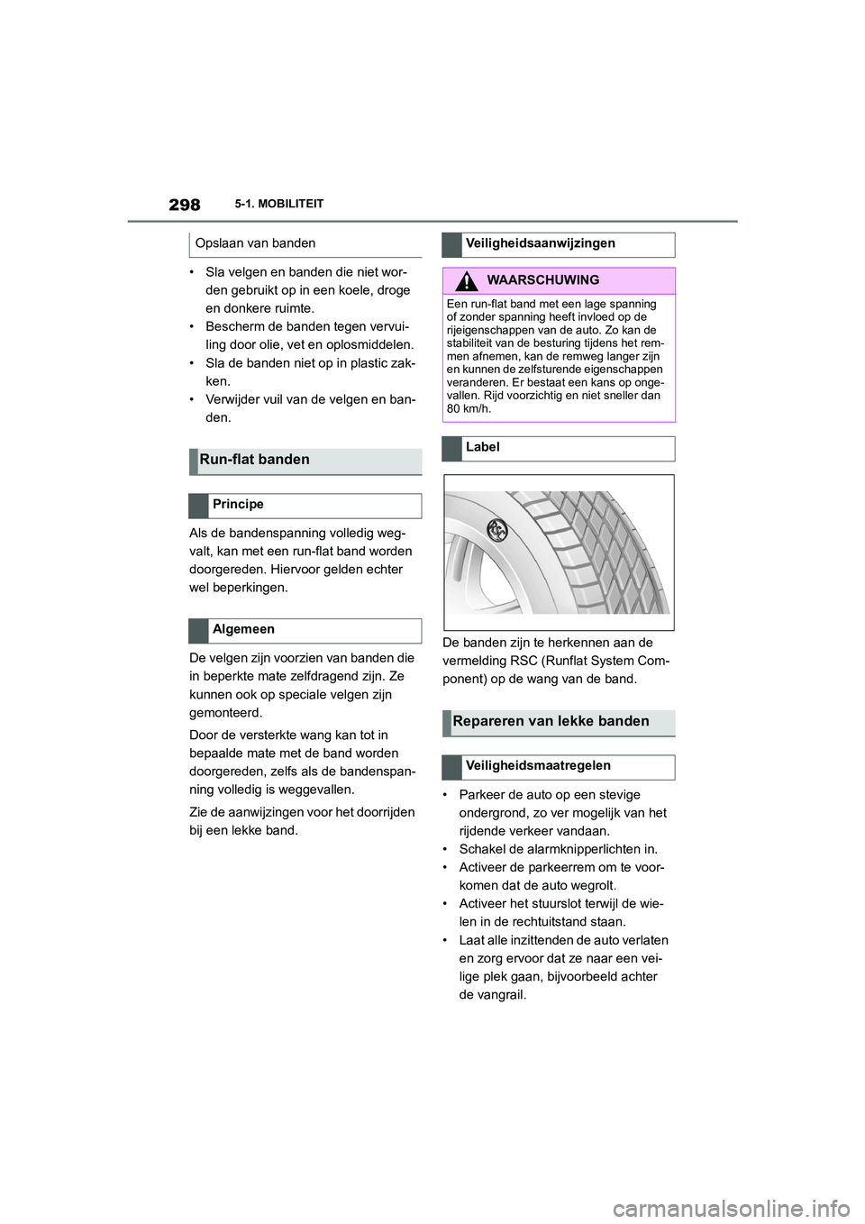 TOYOTA SUPRA 2022 Instructieboekje (in Dutch) 2985-1. MOBILITEIT
• Sla velgen en banden die niet wor-den gebruikt op in een koele, droge
en donkere ruimte.
• Bescherm de banden tegen vervui- ling door olie, vet en oplosmiddelen.
• Sla de b TOYOTA SUPRA 2022 Instructieboekje (in Dutch) 2985-1. MOBILITEIT
• Sla velgen en banden die niet wor-den gebruikt op in een koele, droge
en donkere ruimte.
• Bescherm de banden tegen vervui- ling door olie, vet en oplosmiddelen.
• Sla de b