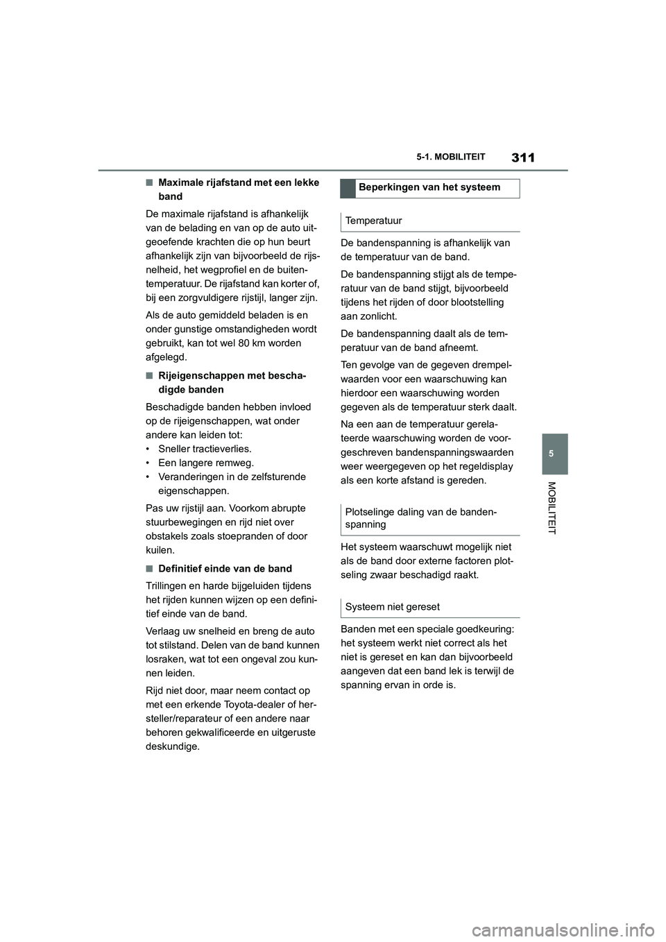 TOYOTA SUPRA 2022  Instructieboekje (in Dutch) 311
5
5-1. MOBILITEIT
MOBILITEIT
■Maximale rijafsta
nd met een lekke 
band
De maximale rijafstand is afhankelijk 
van de belading en van op de auto uit-
geoefende krachten die op hun beurt 
afhankel