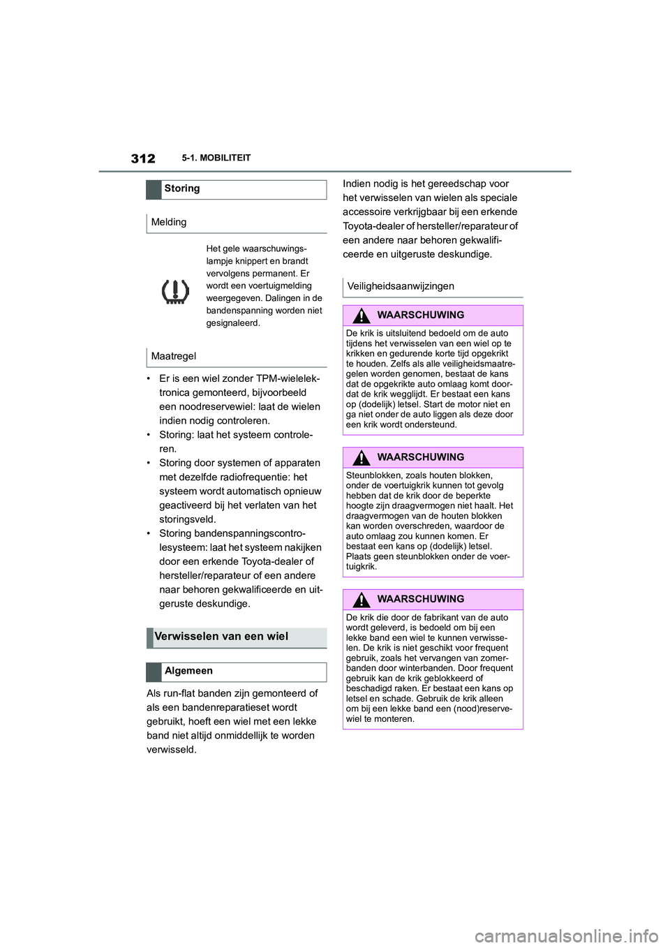TOYOTA SUPRA 2022 Instructieboekje (in Dutch) 3125-1. MOBILITEIT
• Er is een wiel zonder TPM-wielelek-tronica gemonteerd, bijvoorbeeld
een noodreservewiel: laat de wielen
indien nodig controleren.
• Storing: laat het systeem controle- ren.
TOYOTA SUPRA 2022 Instructieboekje (in Dutch) 3125-1. MOBILITEIT
• Er is een wiel zonder TPM-wielelek-tronica gemonteerd, bijvoorbeeld
een noodreservewiel: laat de wielen
indien nodig controleren.
• Storing: laat het systeem controle- ren.