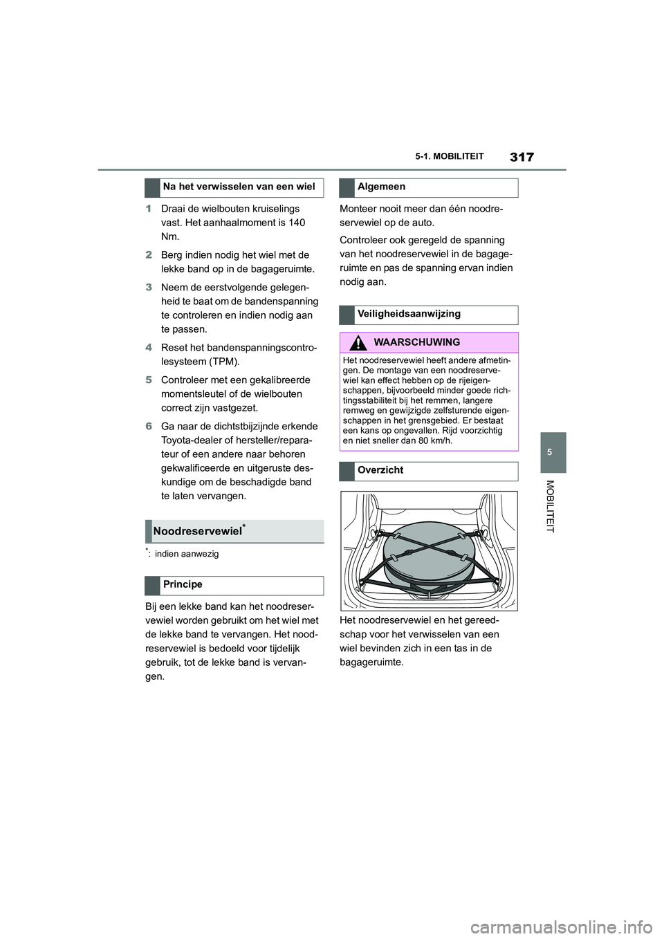 TOYOTA SUPRA 2022  Instructieboekje (in Dutch) 317
5
5-1. MOBILITEIT
MOBILITEIT
1
Draai de wielbouten kruiselings 
vast. Het aanhaalmoment is 140 
Nm.
2 Berg indien nodig het wiel met de 
lekke band op in de bagageruimte.
3 Neem de eerstvolgende g