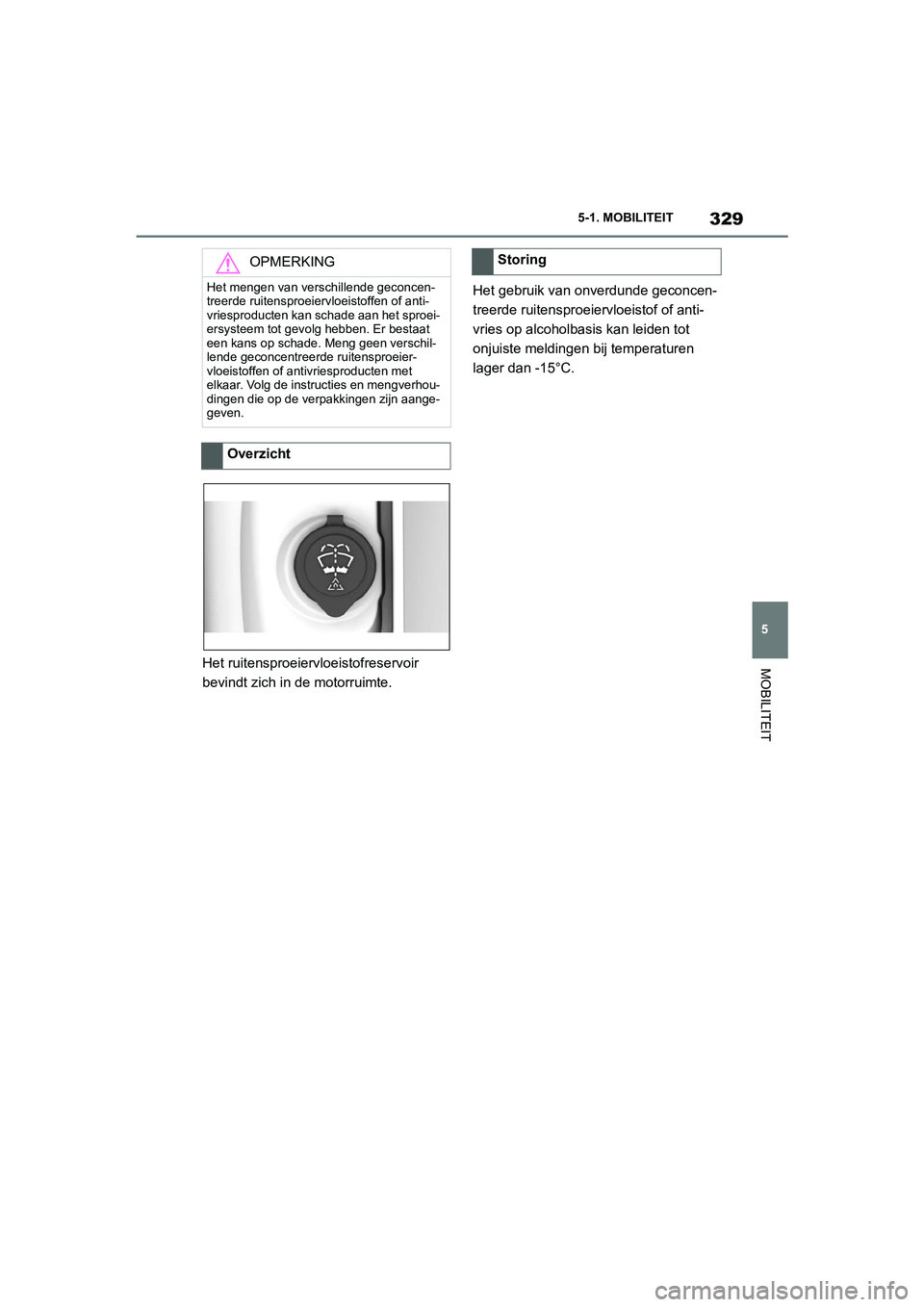 TOYOTA SUPRA 2022 Instructieboekje (in Dutch) 329
5
5-1. MOBILITEIT
MOBILITEITHet ruitensproeiervloeistofreservoir
bevindt zich in de motorruimte.
Het gebruik van onverdunde geconcen-
treerde ruitensproeiervloeistof of anti-
vries op alcoholbasi TOYOTA SUPRA 2022 Instructieboekje (in Dutch) 329
5
5-1. MOBILITEIT
MOBILITEITHet ruitensproeiervloeistofreservoir
bevindt zich in de motorruimte.
Het gebruik van onverdunde geconcen-
treerde ruitensproeiervloeistof of anti-
vries op alcoholbasi