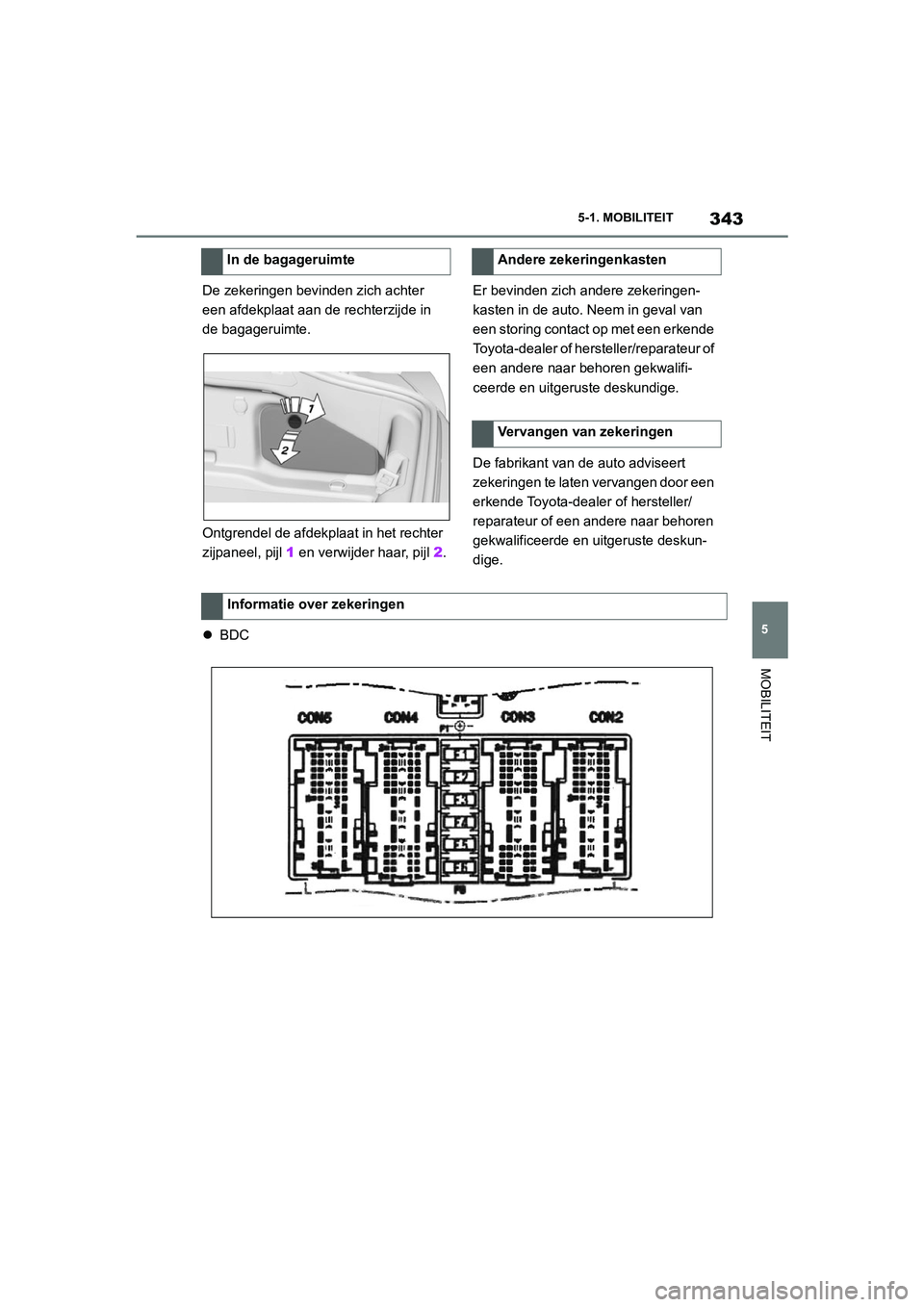 TOYOTA SUPRA 2022  Instructieboekje (in Dutch) 343
5
5-1. MOBILITEIT
MOBILITEIT
De zekeringen bevinden zich achter 
een afdekplaat aan de rechterzijde in 
de bagageruimte.
Ontgrendel de afdekplaat in het rechter 
zijpaneel, pijl 
1 en verwijder ha