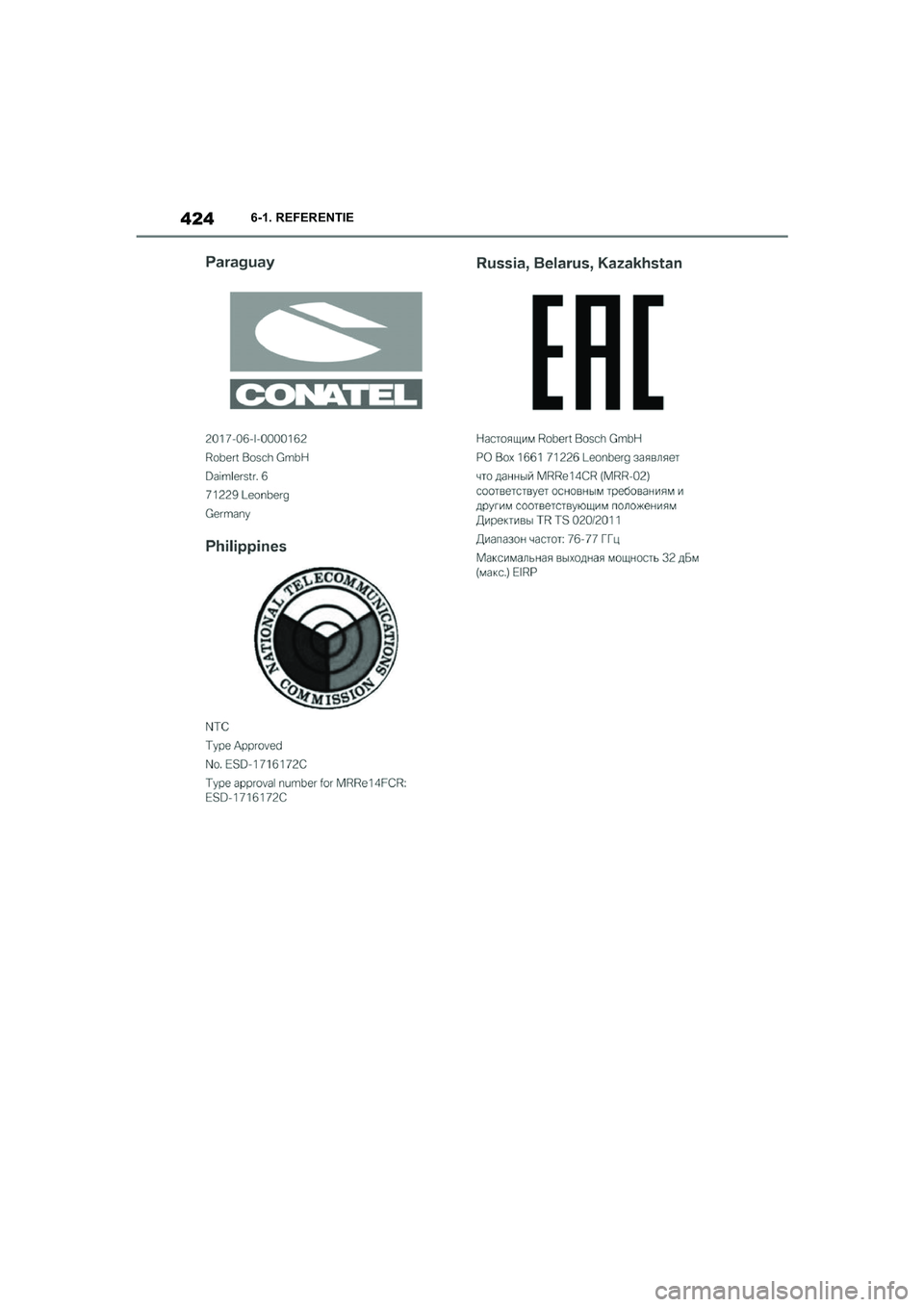 TOYOTA SUPRA 2022  Instructieboekje (in Dutch) 4246-1. REFERENTIE
Supra_OM_General_OM9A066E_1_2111.book  Page 424  Friday, September 24, 2021  10:31 AM 